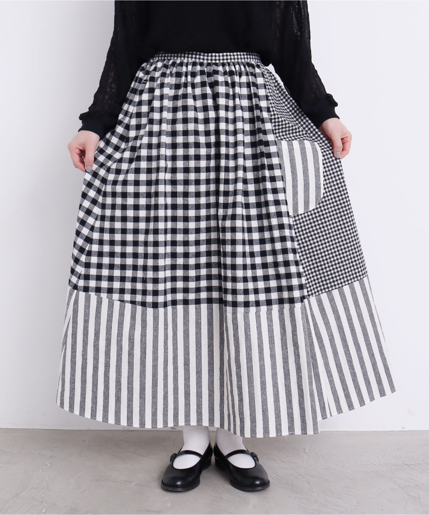 AMBIDEX Store ○コットン/シルク パッチワーク スカート(F アオ): l 