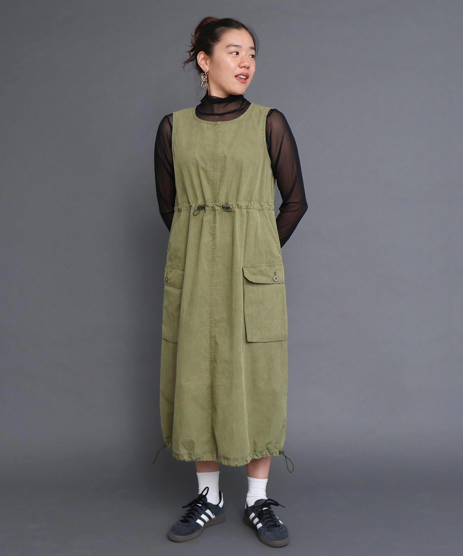 AMBIDEX Store 〇CHEMICAL WASH ギャザーワンピース (F カーキ): l