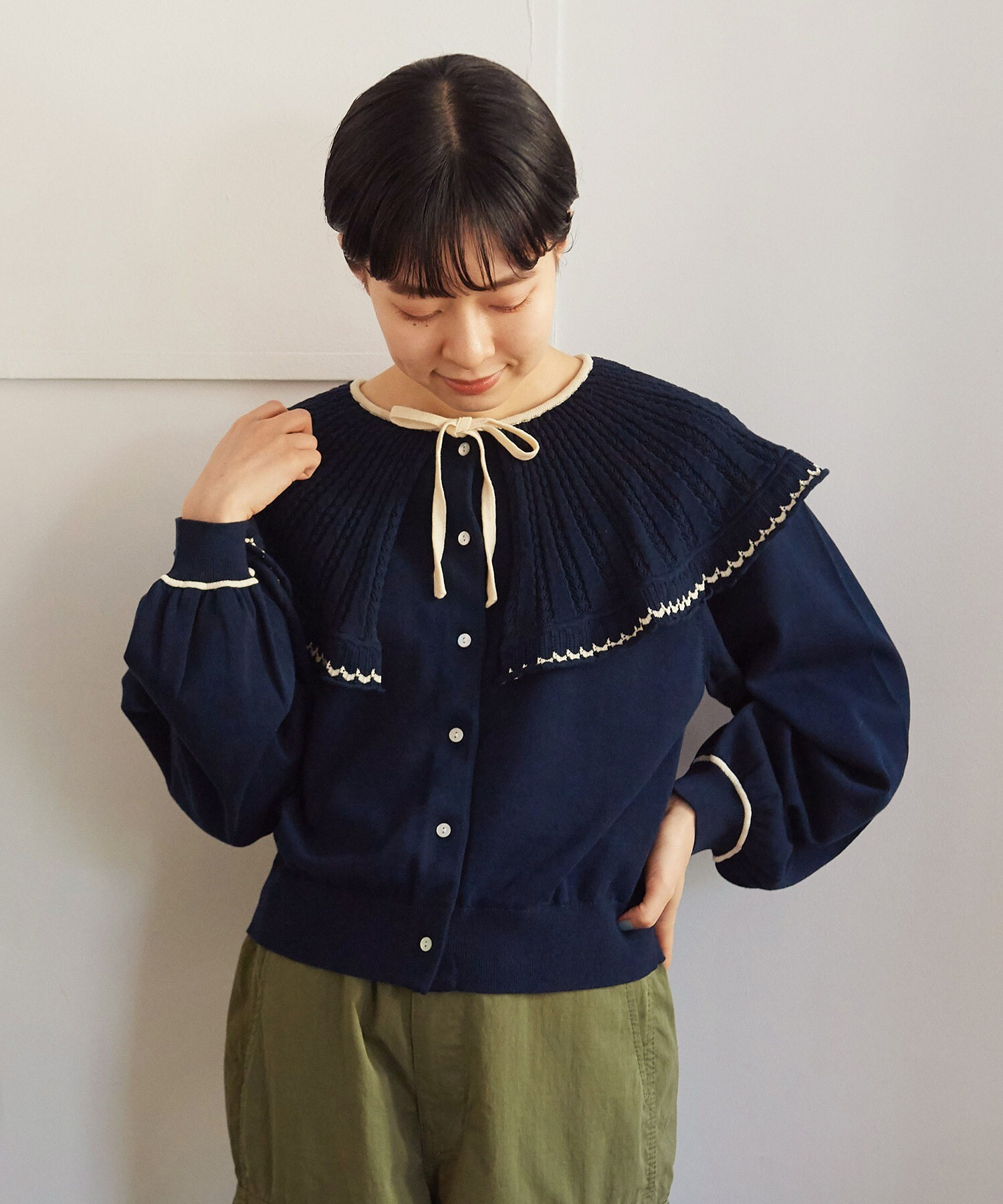 AMBIDEX Store ○強撚綿透かし編み襟付きカーディガン(F アカ): Dot 