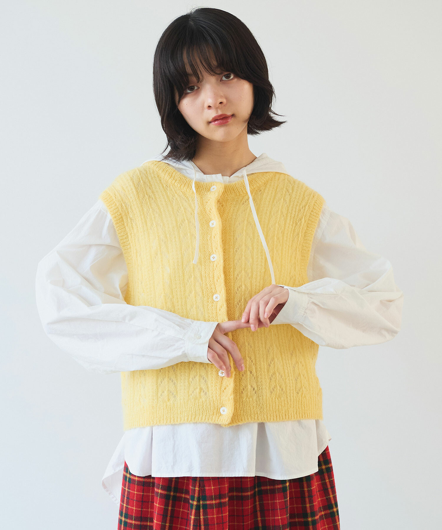 06260626ページ AMBIDEX Store 〇 ふわふわ 透かし編み ニットベスト(F イエロー