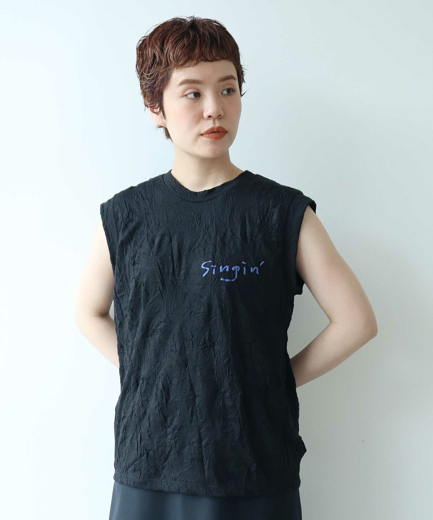 AMBIDEX Store ○washer天竺 no sleeve Tシャツ(F BLACK): FLAT