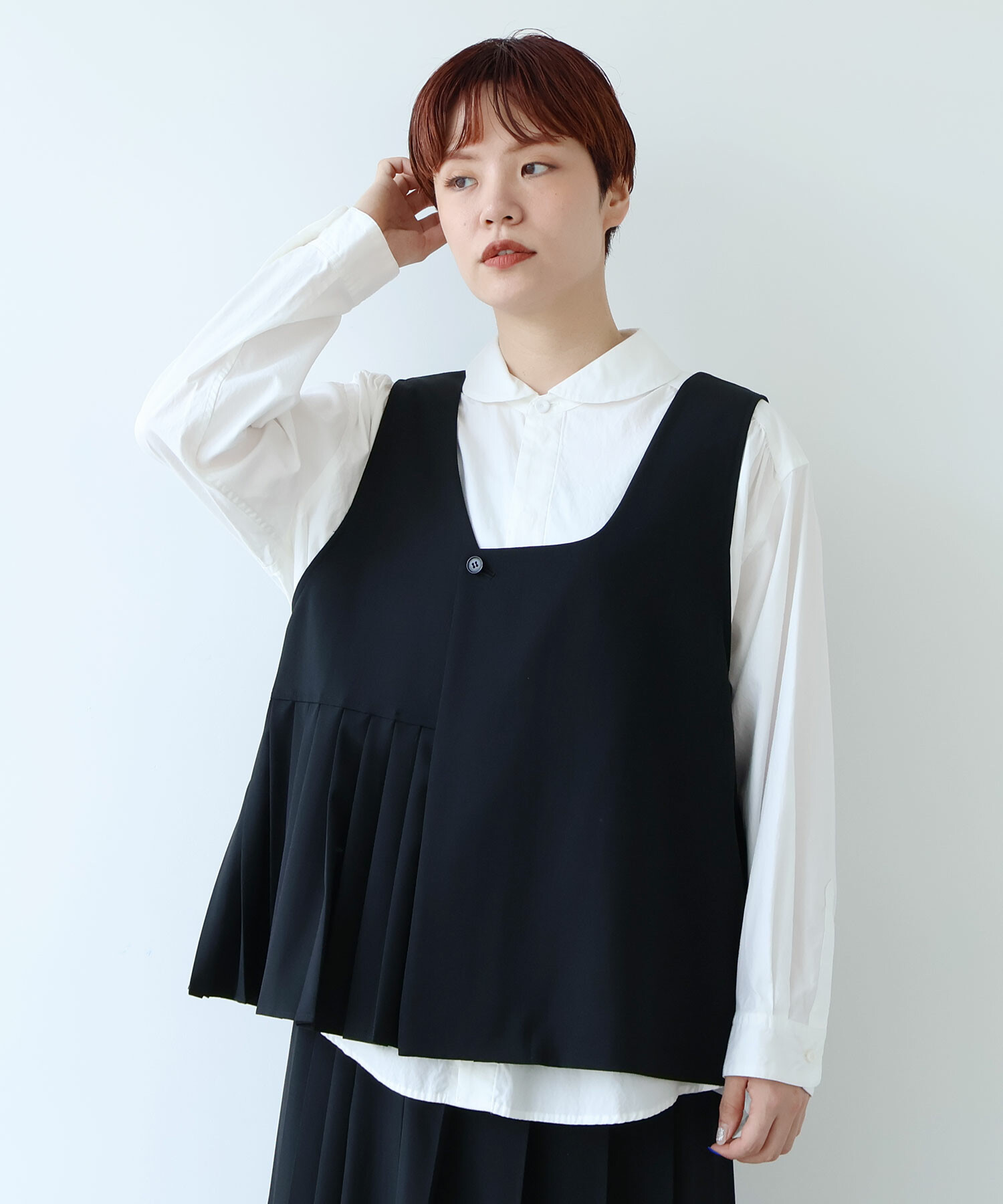 AMBIDEX Store ○TWILL CHECK PLEATS ジレ(F IVORY×NAVY): FLAT-cic-HATENA