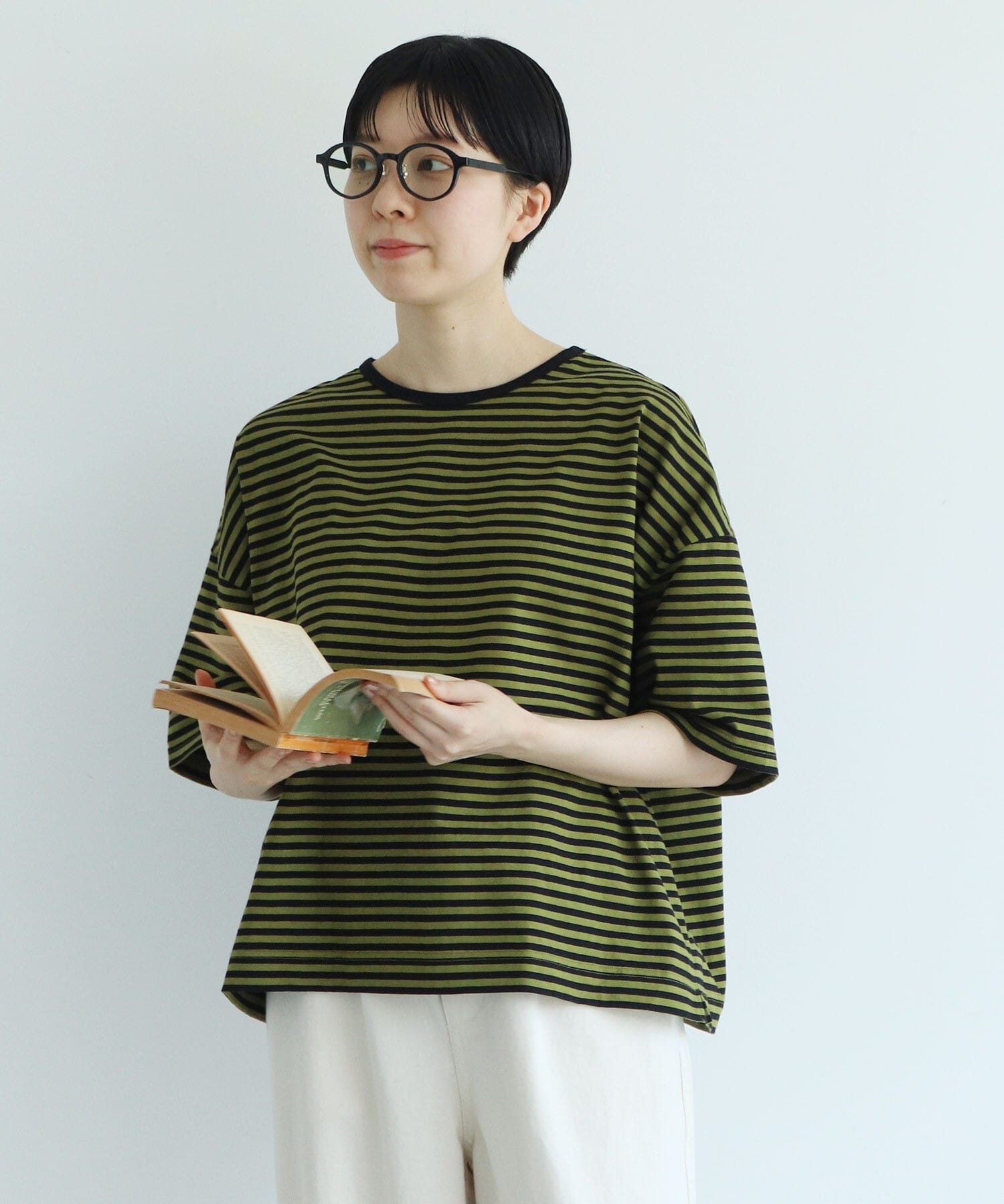 AMBIDEX Store △〇ボーダー配色バインダー 5分袖BIG Tシャツ(F アオ 