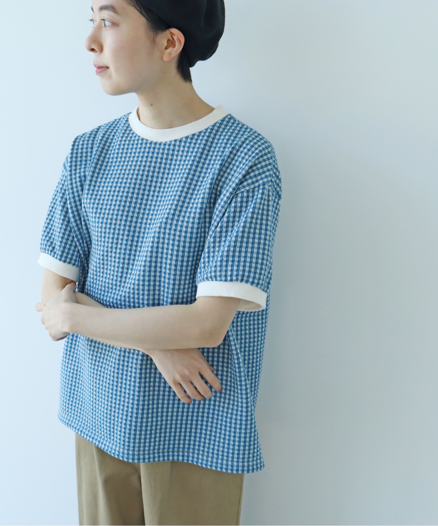 AMBIDEX Store △○ギンガムジャガード 半袖BIG Tシャツ(F クロ