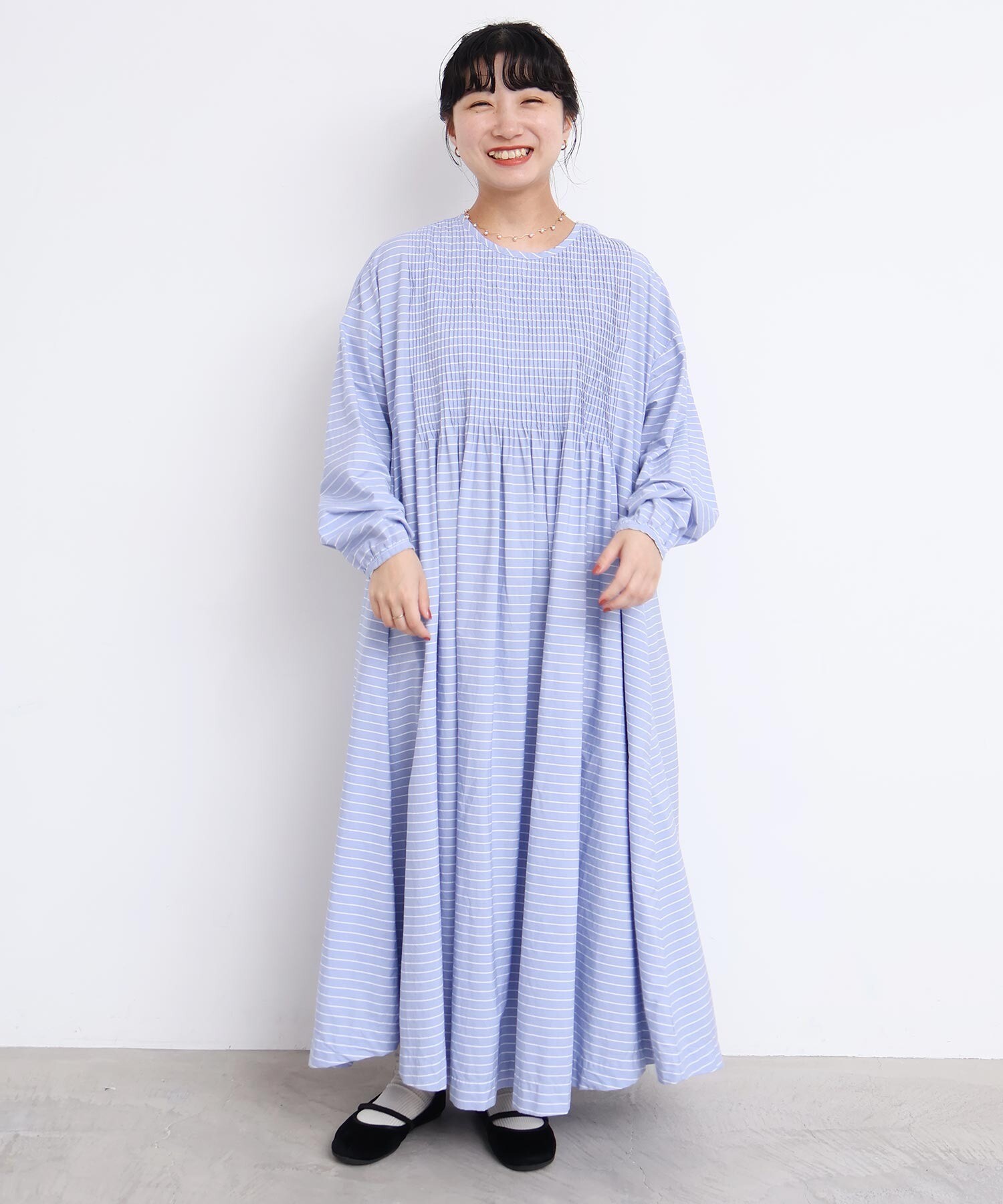 AMBIDEX Store バスクシャツみたいなピンタックワンピース(F サックス