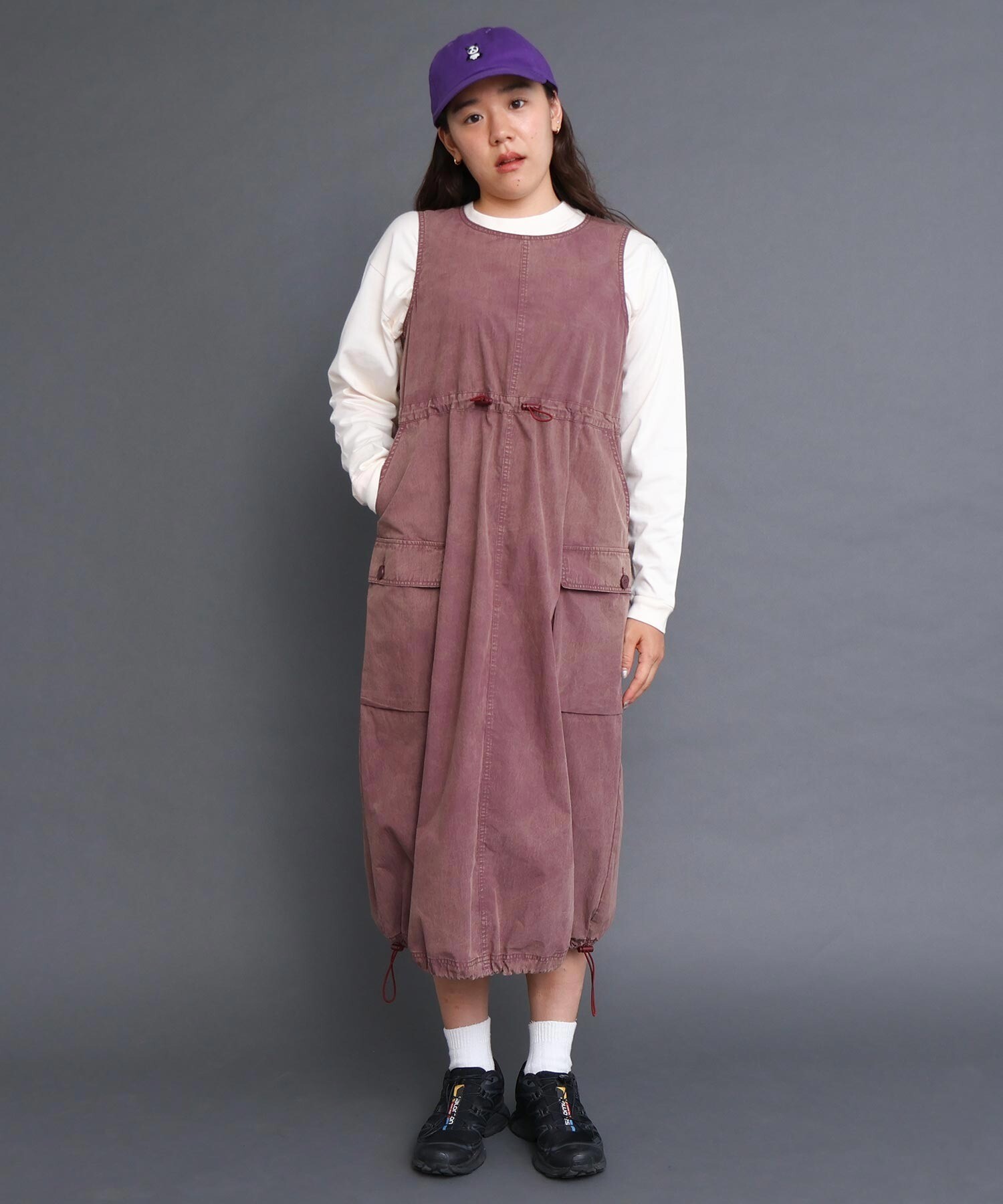 AMBIDEX Store ○〇CHEMICAL WASH ギャザーワンピース (F カーキ): l