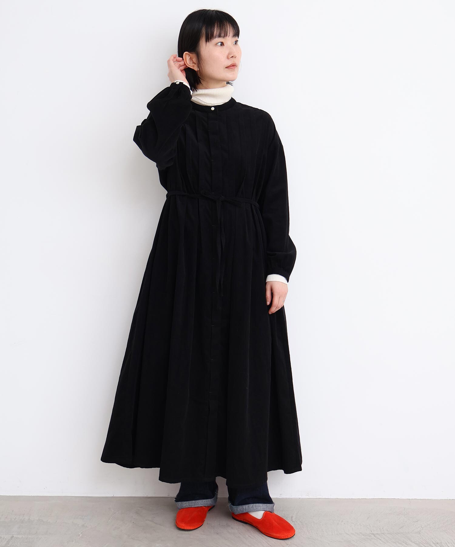 AMBIDEX Store 〇21Wシャツコール タックワンピース(F クロ): l