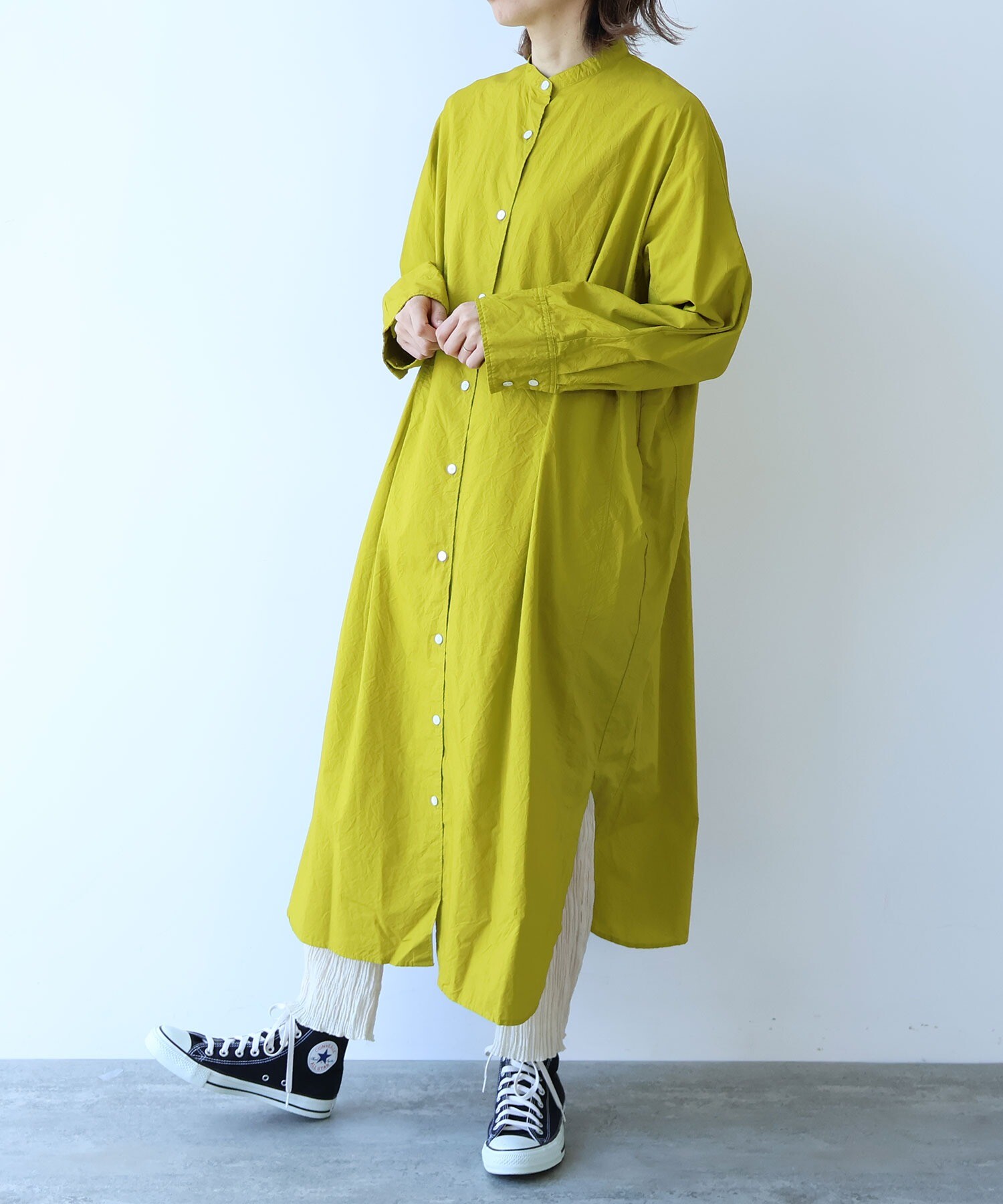 denier カーキ 前開き シャツワンピース 綿 コットン100% 日本製 denier カーキ 前開き シャツワンピース 綿 コットン100% 日本製 楽天