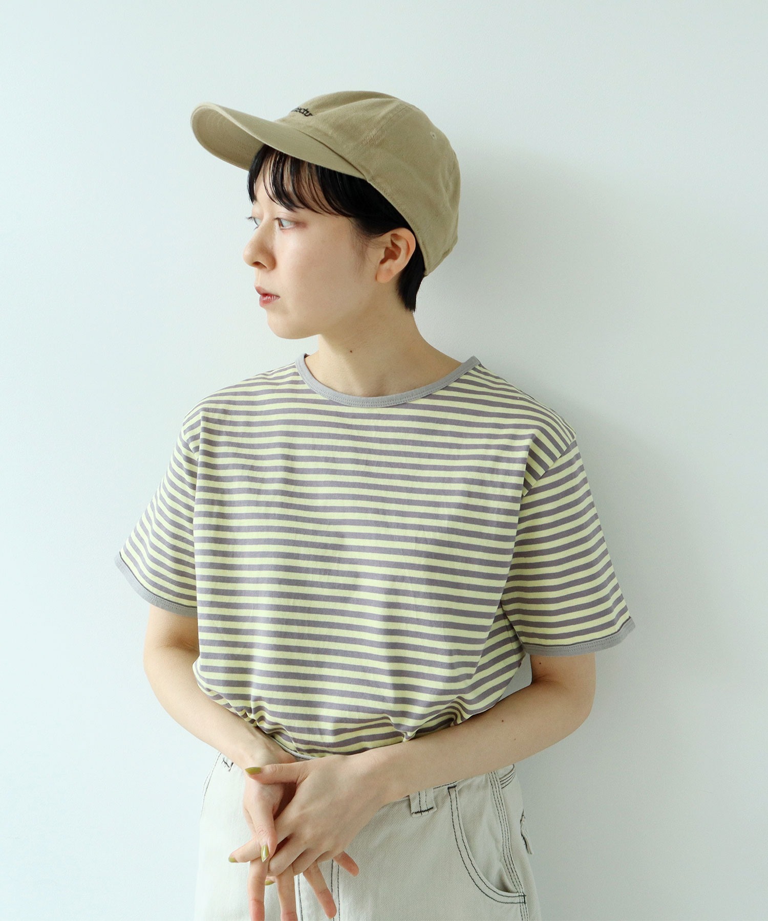 AMBIDEX Store △ボーダー配色バインダー 半袖Tシャツ(F カーキ
