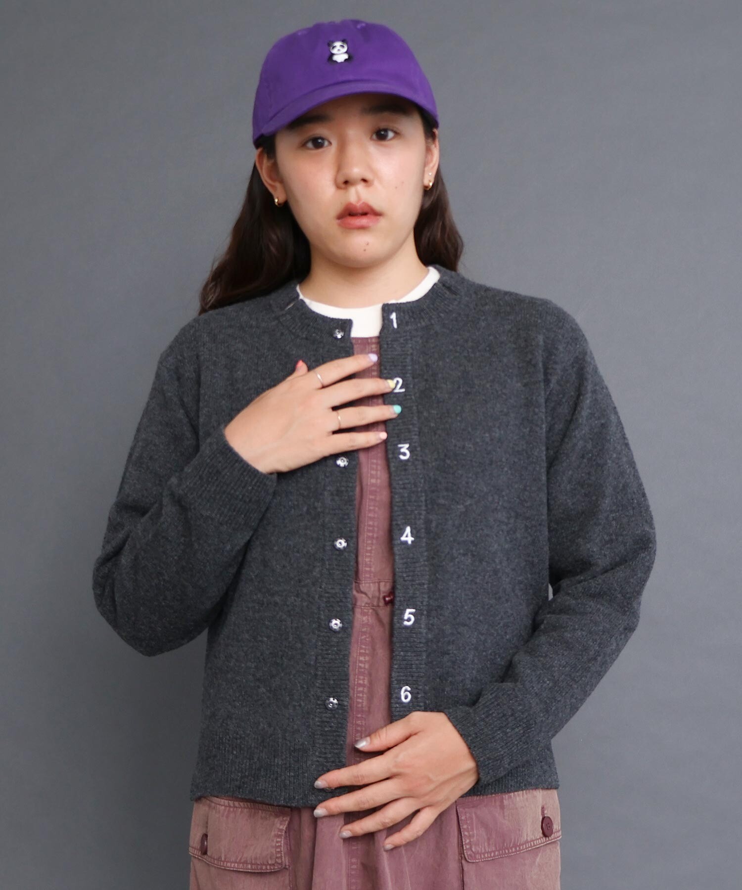 AMBIDEX Store 〇UPW数字刺繍クルーカーディガン (F パープル): l