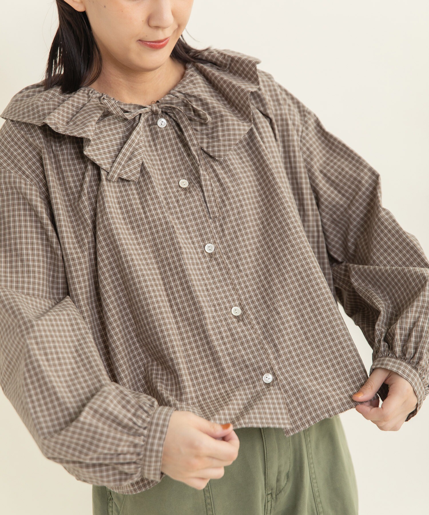 AMBIDEX Store ○60sミニチェック フリルブラウス(F グリーン): CHILD