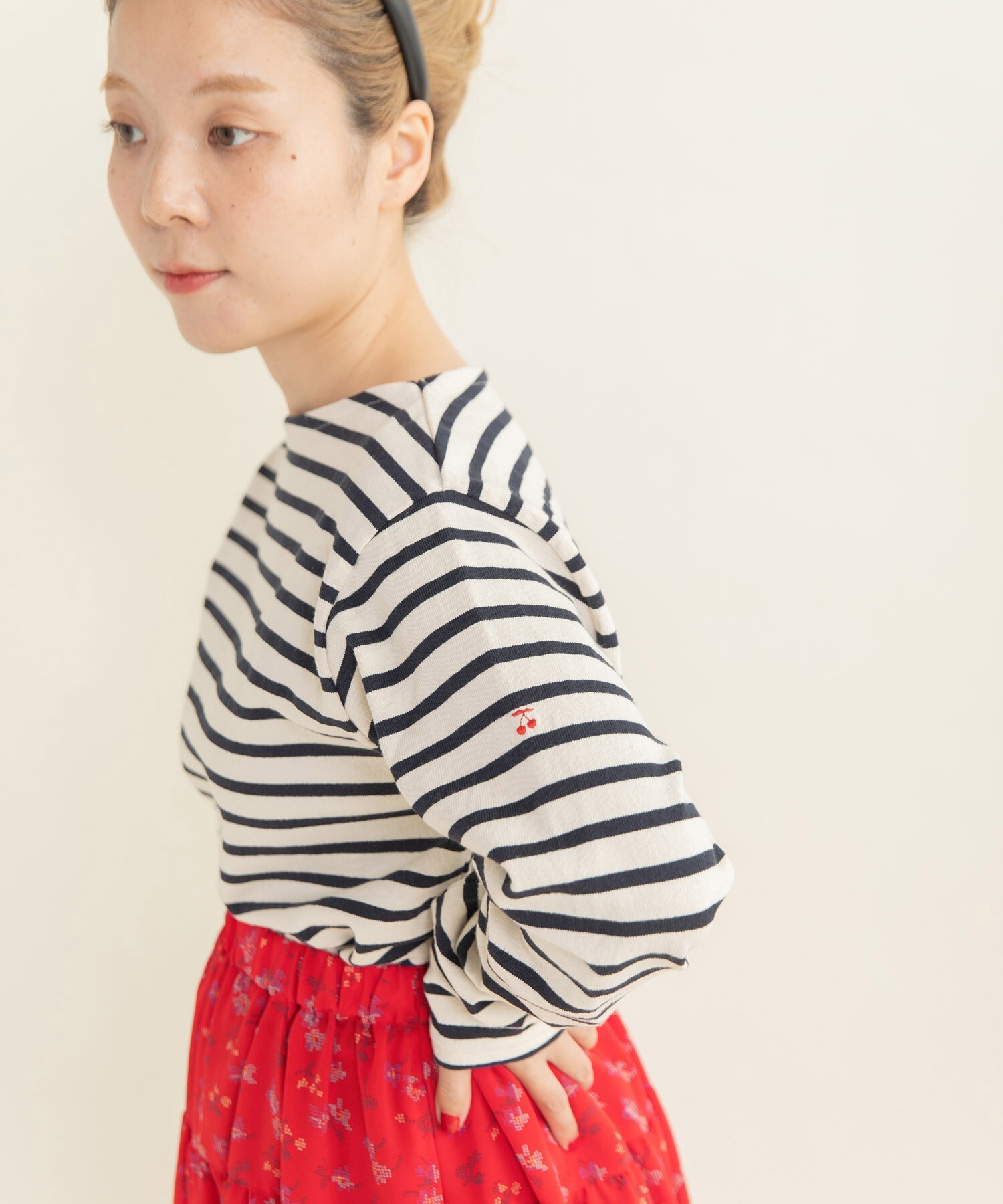 AMBIDEX Store 16/2空紡糸ボーダー チェリー刺繍プルオーバー(F アオ