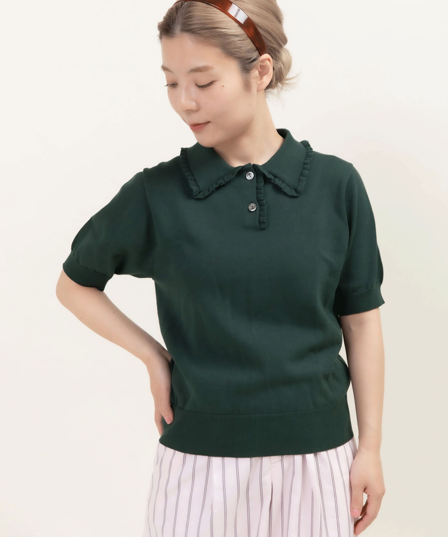 強撚綿 襟フリルポロニット