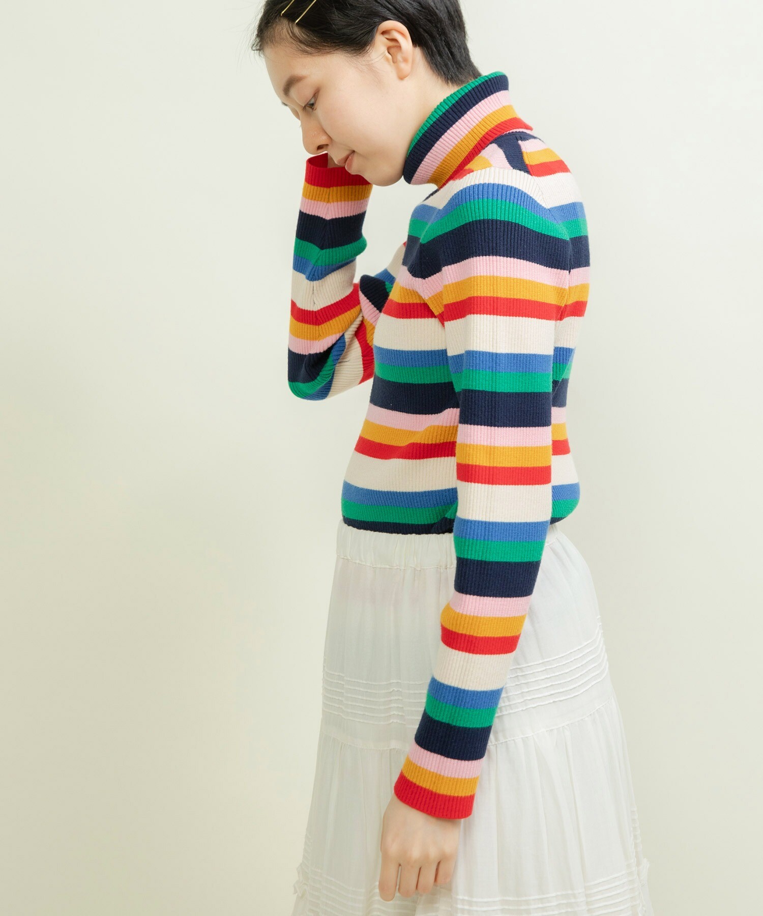 ニット セーター もちもちマルチボーダー リブタートル レディース CHILD WOMAN - もちもちマルチボーダー リブタートル