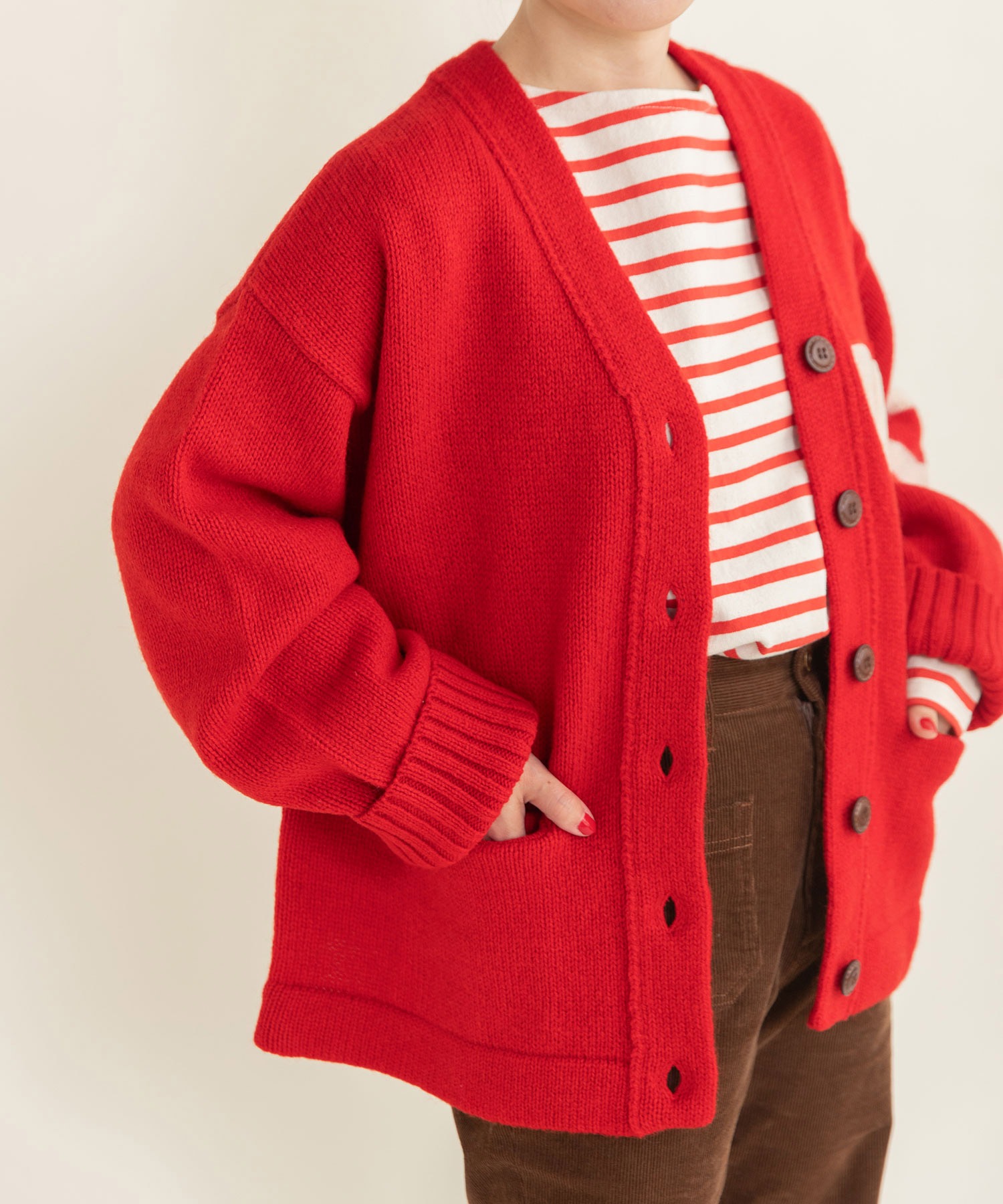 AMBIDEX Store ○○シェットランドウール レタードカーディガン(F アカ