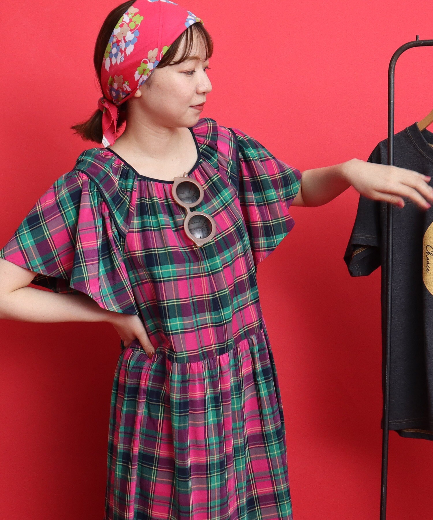 GUCCI ピンク チェック柄 フリル ワンピース 七分丈 ギンガムチェックパッチワークフリルワンピース（ワンピース
