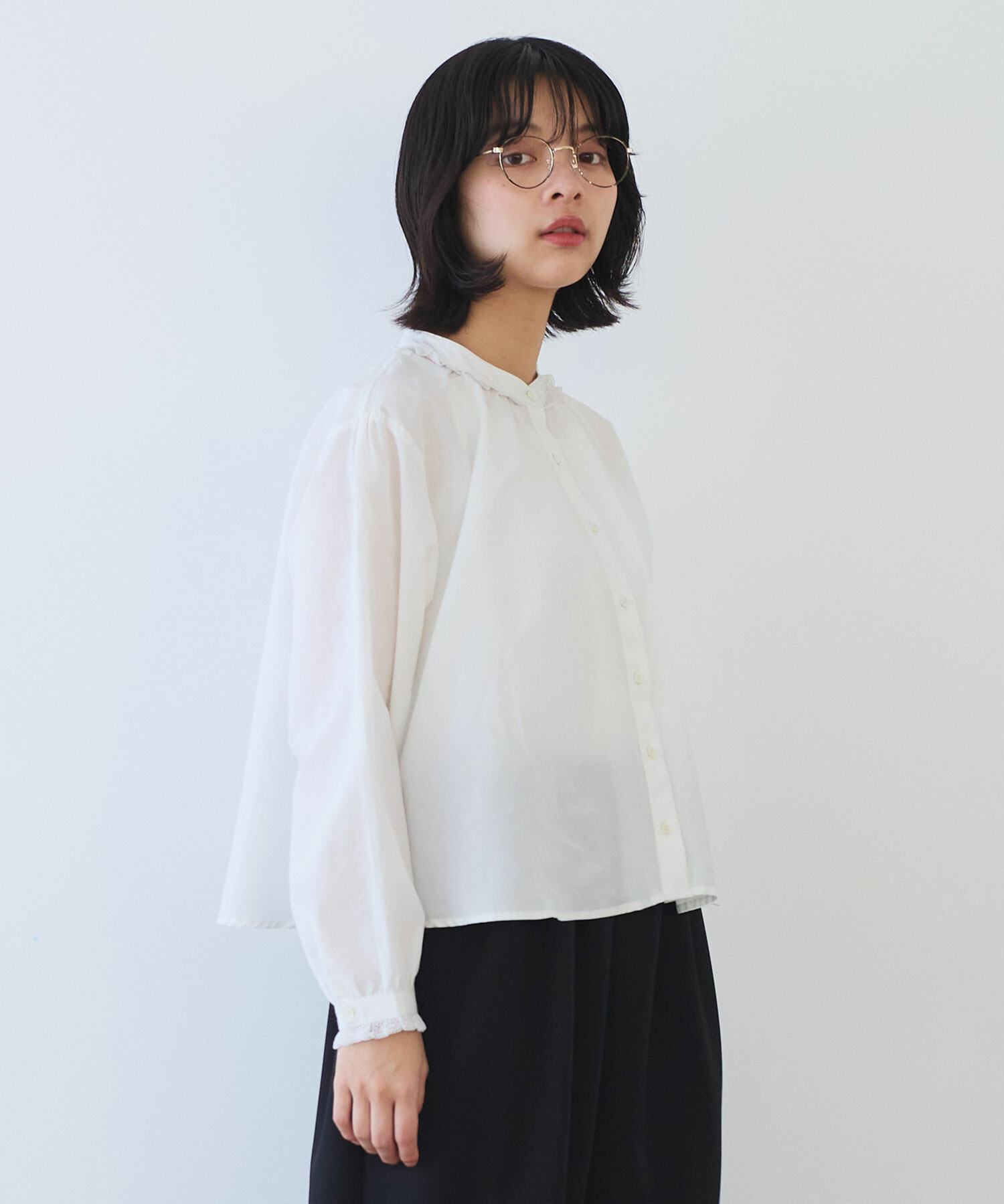 AMBIDEX Store 〇 コットン / シルク lace ギャザーブラウス(F ブルー