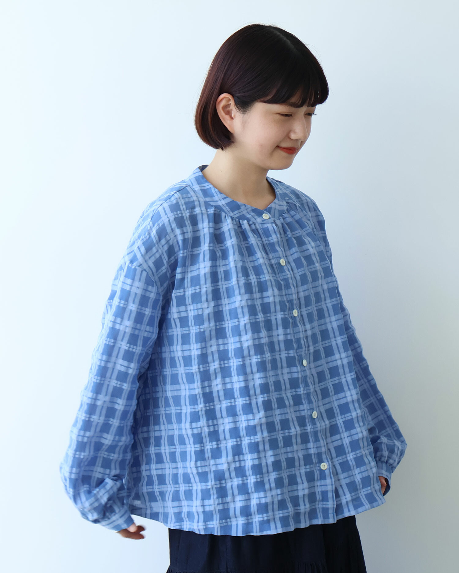 AMBIDEX Store ○ sheer check バンドカラーブラウス(F アオチェック