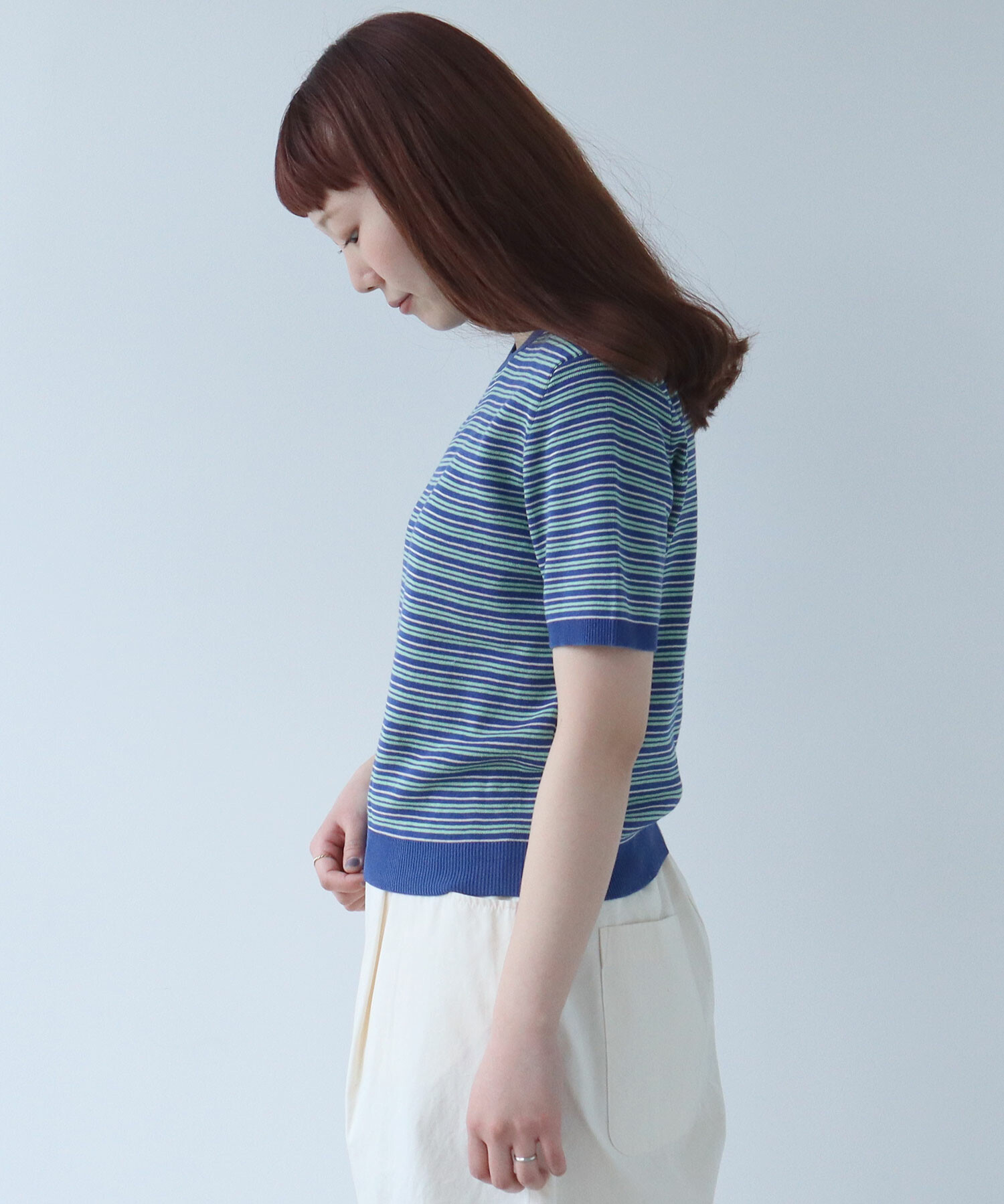 AMBIDEX Store ○〇 マルチボーダー ニットTシャツ(F アオ