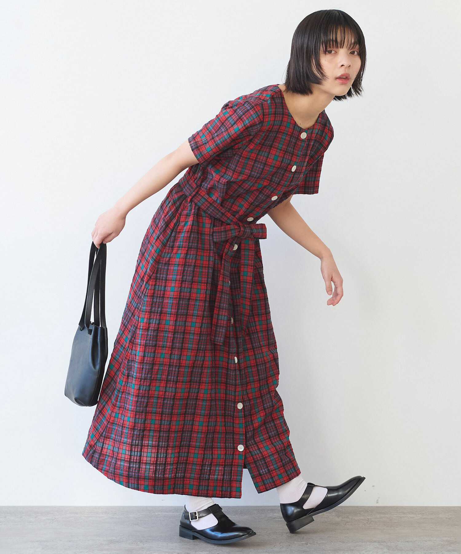 美品　RNA　ウール混タータンチェックリボンワンピース　レッド タータンチェックリボンワンピース レッド＆ネイビー | ロージー