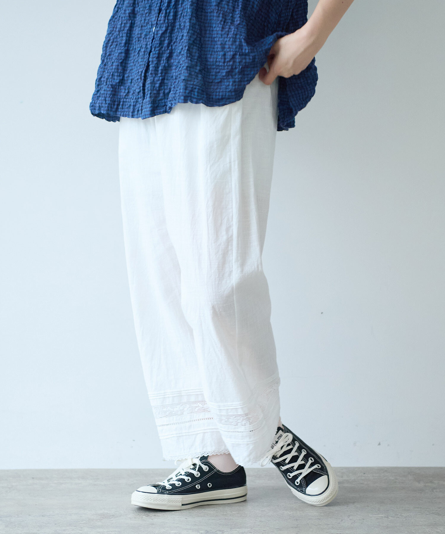 AMBIDEX Store 〇 コットン / リネン lace×pin tuck パンツ(F シロ