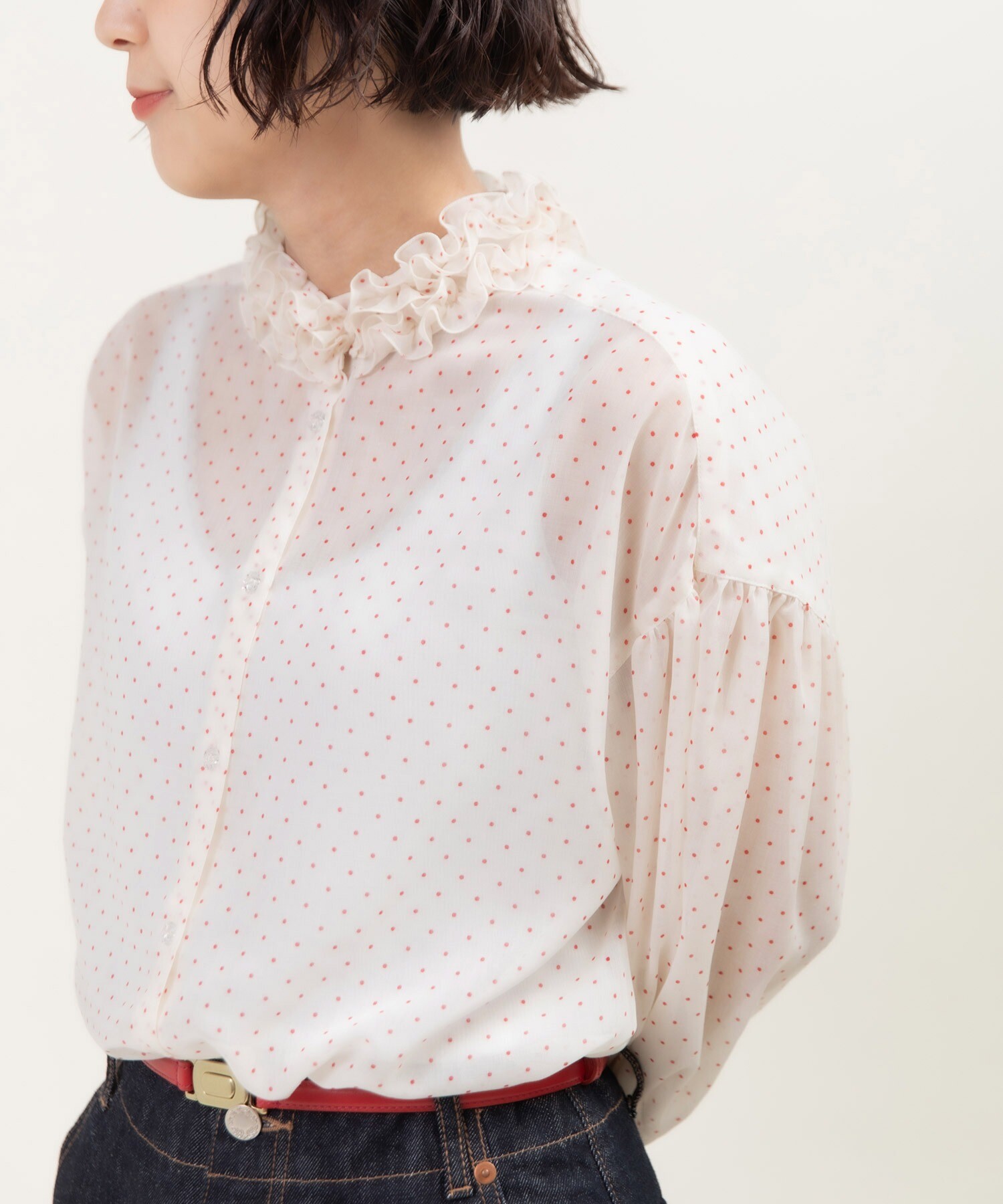 シアードットプリント 2段フリル襟ブラウス