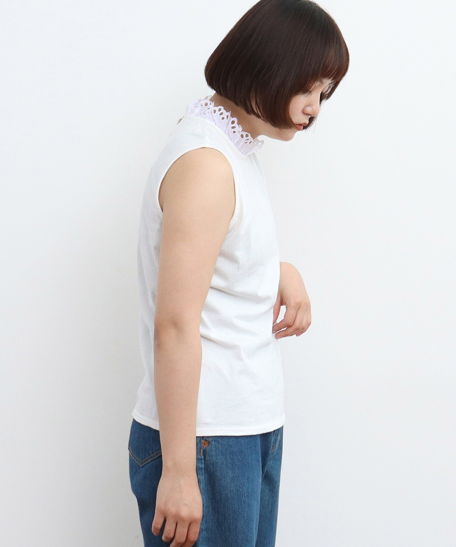 AMBIDEX Store △○30/-天竺 レース襟ノースリインナー(F シロ