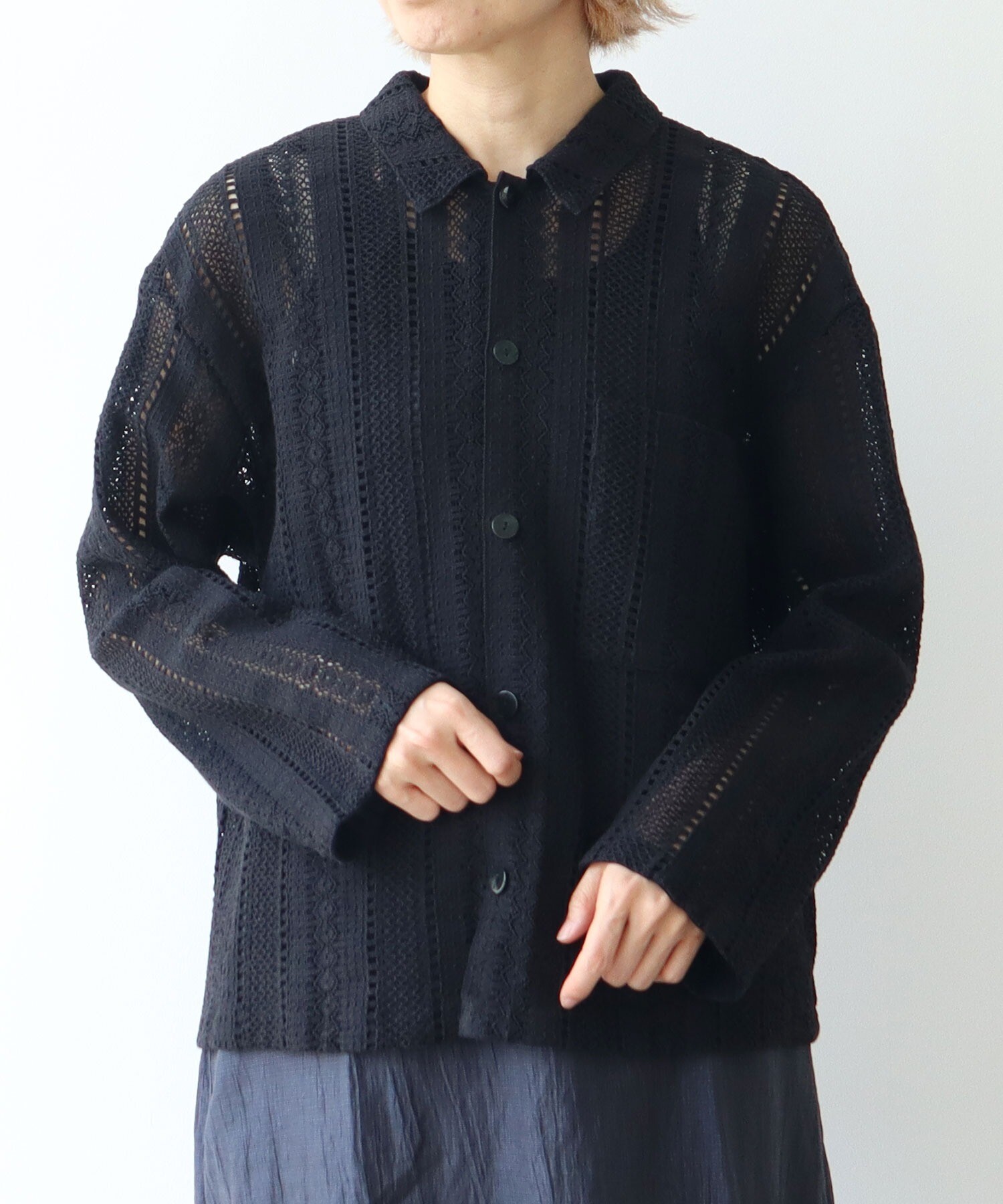 AMBIDEX Store コットン ruschel lace シャツジャケット(F クロ
