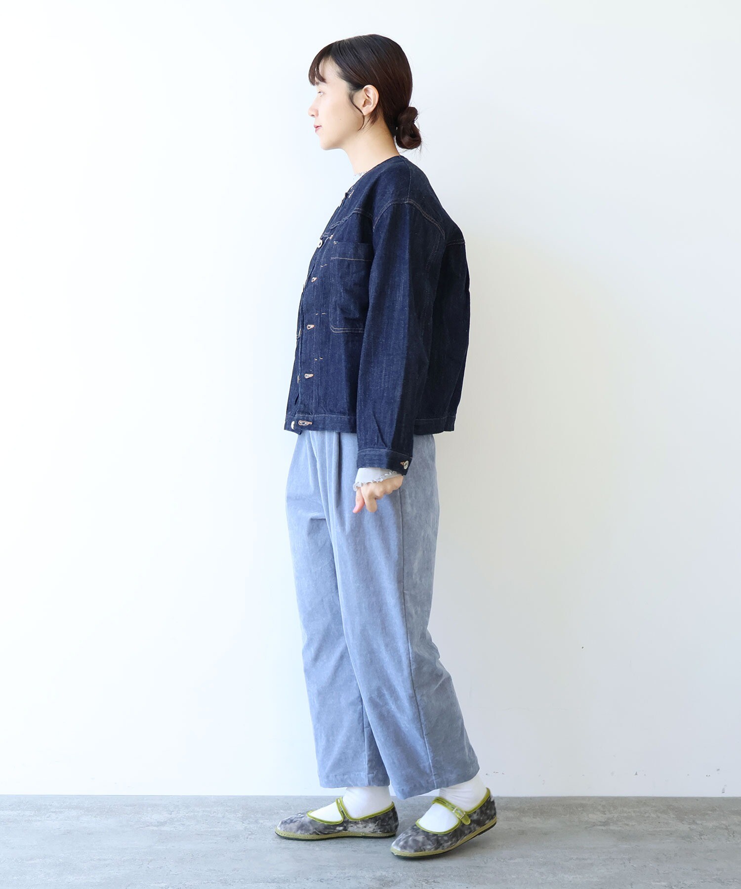 yuni ユニ デニムジャケット ノーカラー インディゴ コットン AMBIDEX Store △cotton denim ノーカラー ブルゾン(F コン): yuni