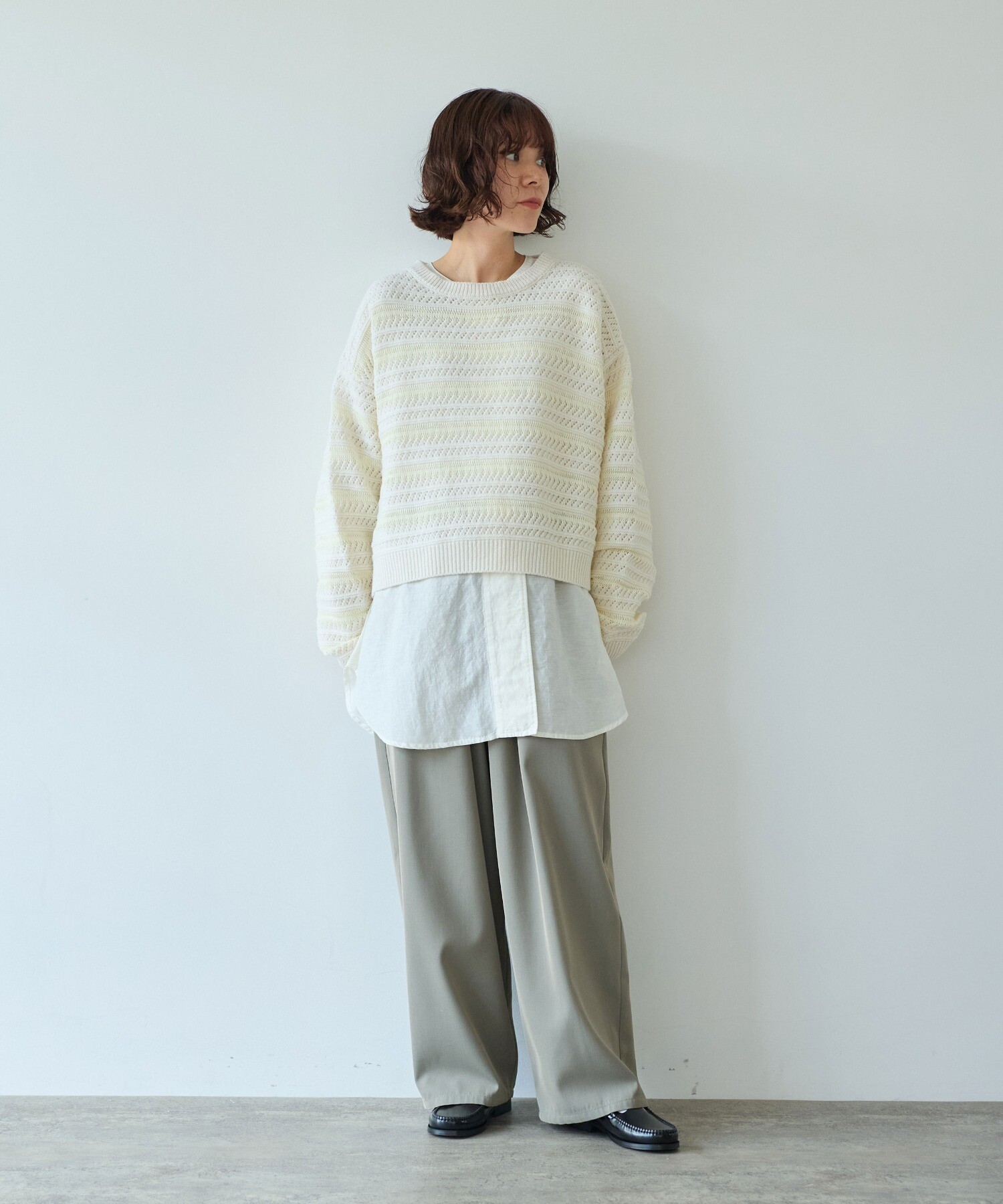 AMBIDEX Store ○ウールコットン透かし編み short プルオーバー(F クロ