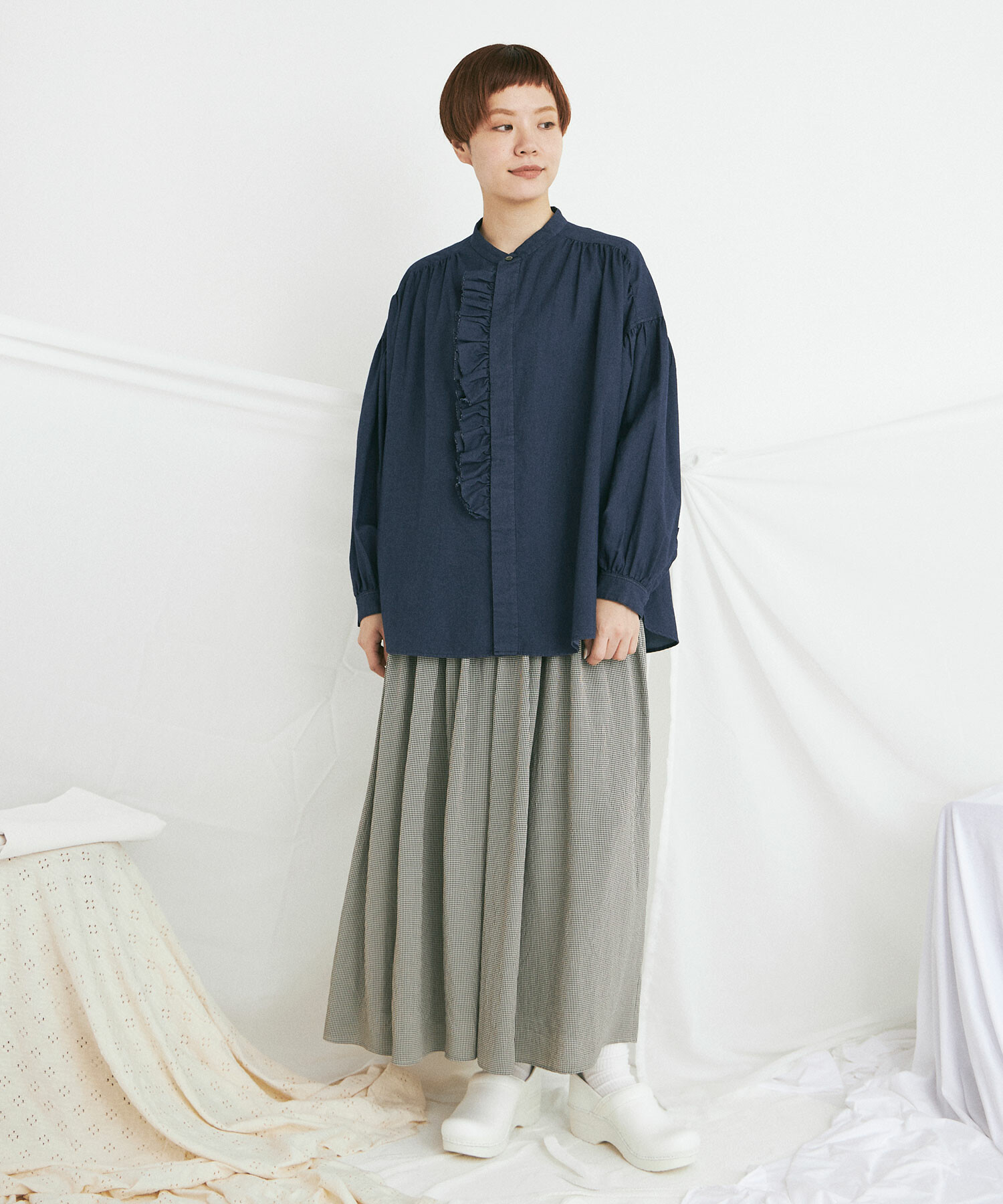 AMBIDEX Store 綿サテンピグメント染 FRILL シャツ(F DENIM): buoybuoy