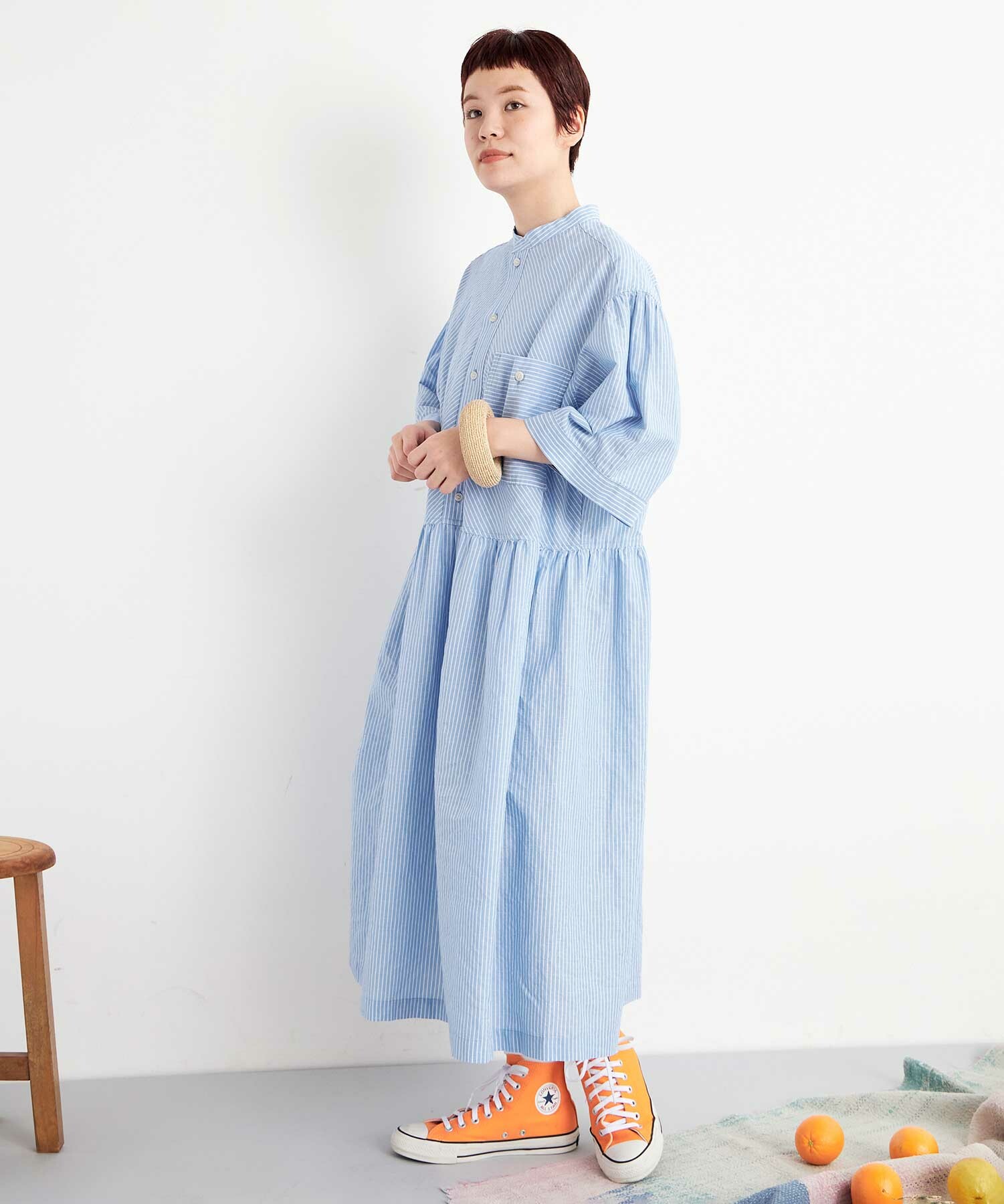 AMBIDEX Store ○ORGANIC コットン/リネン シャツドレス(F BLUE