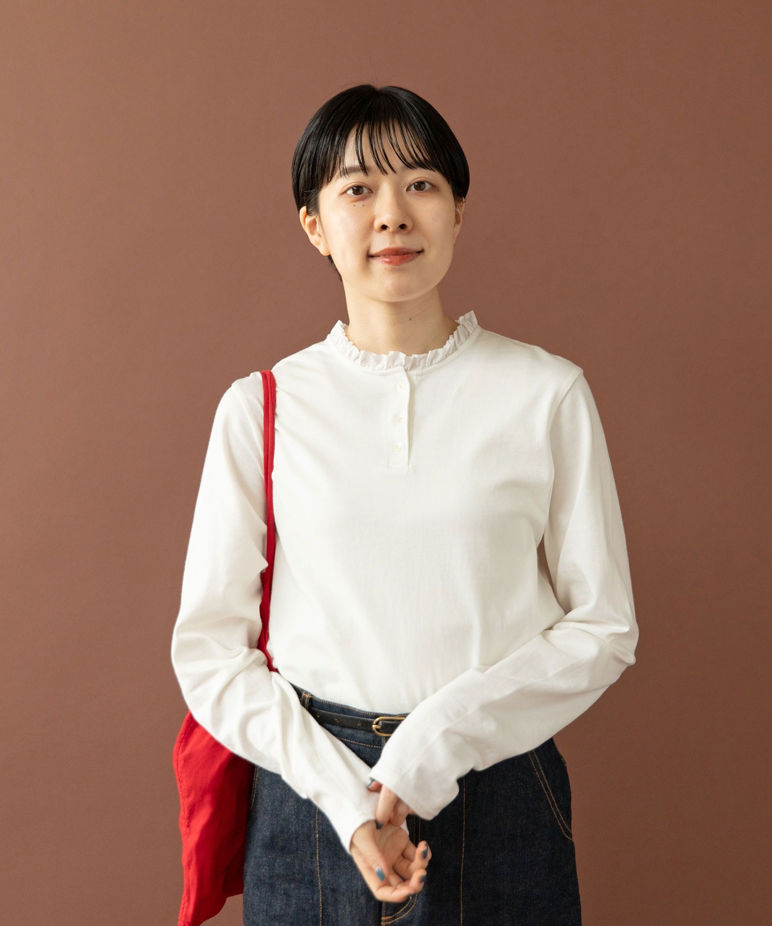 tシャツ コーマ天竺 ヘンリーネックフリルカットソー レディース AMBIDEX Store 【予約販売】○コーマ天竺 ヘンリーネックフリル