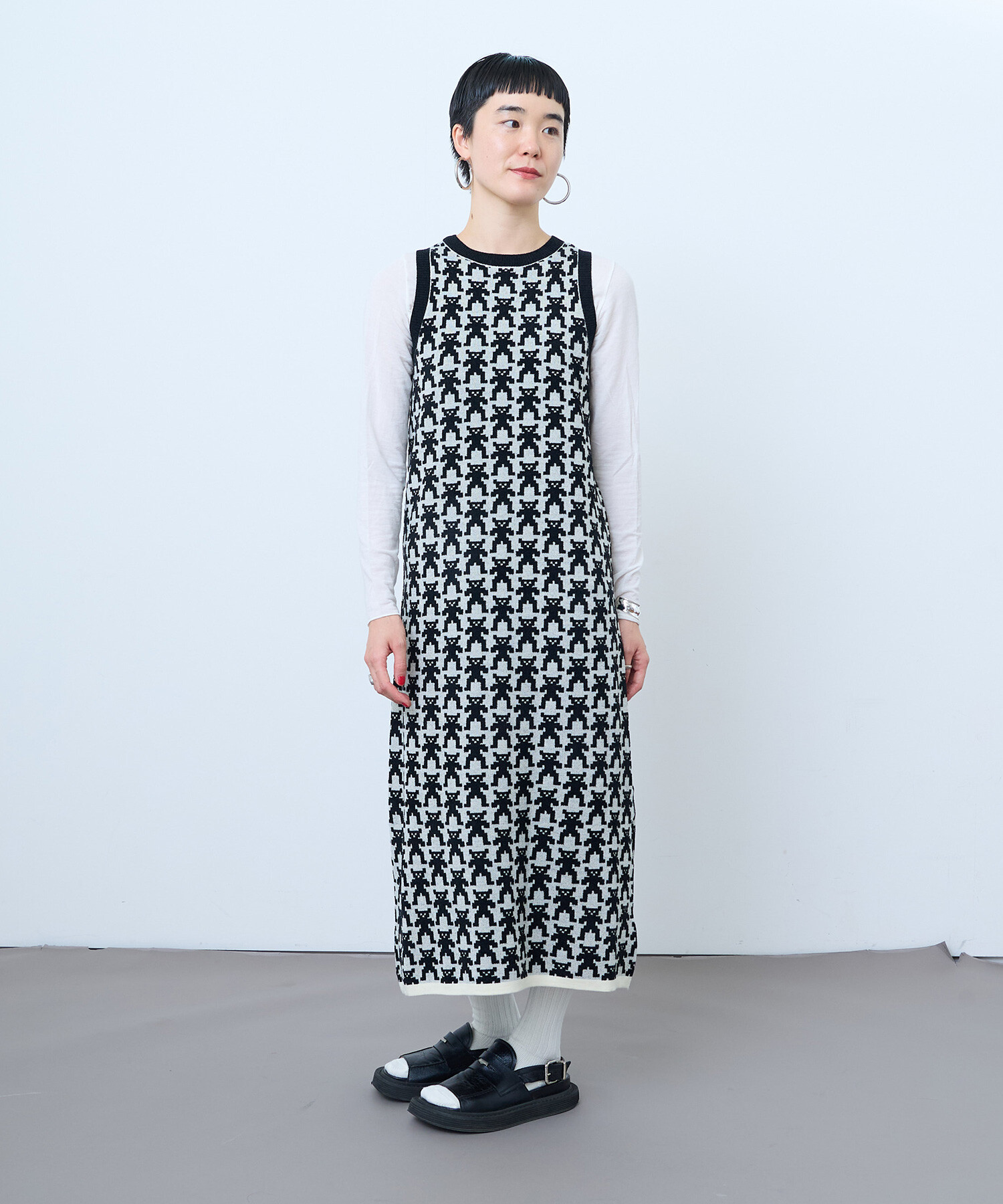 AMBIDEX Store 〇BEAR JACQUARD ロングニットワンピース(F NAVY