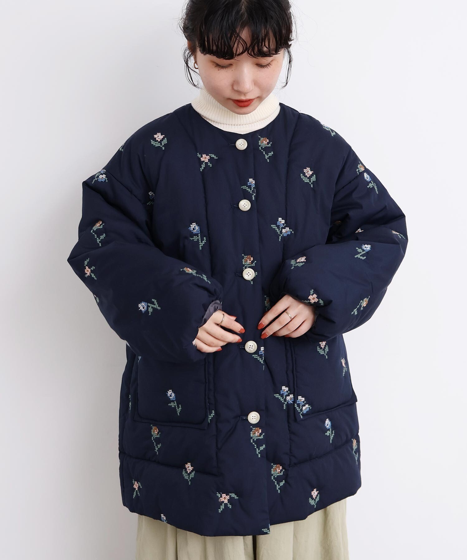 AMBIDEX Store 〇お花のクロスステッチ キルト刺繍コート(F コン): l