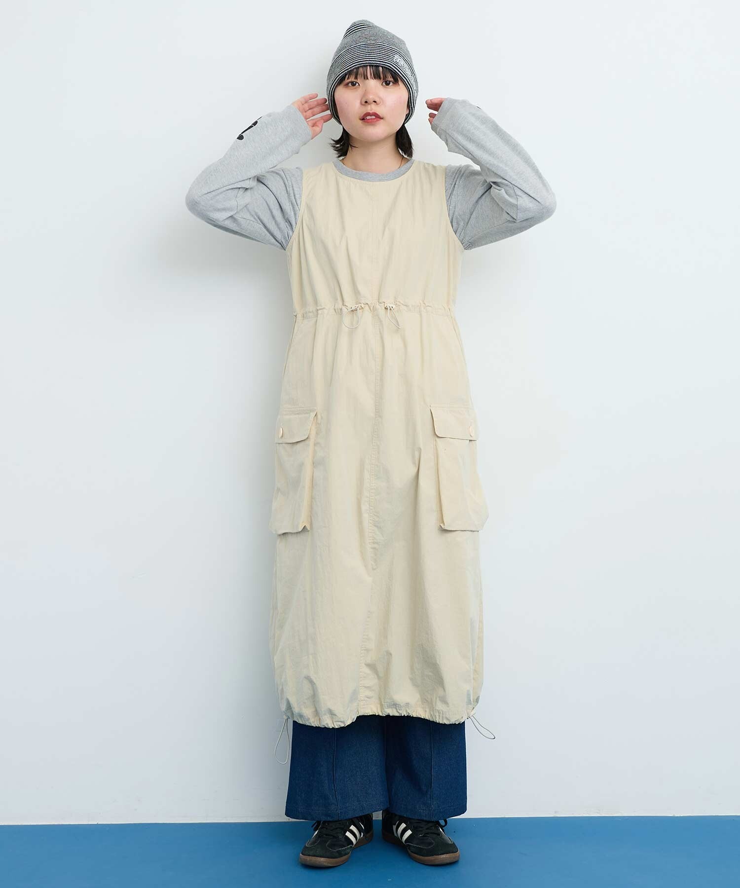 AMBIDEX Store ○〇CHEMICAL WASH ギャザーワンピース (F ベージュ): l