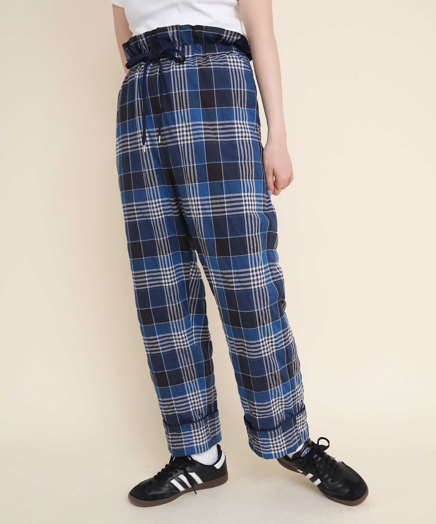 AMBIDEX Store 〇shirring check waist frill PANTS(F アオ): l 