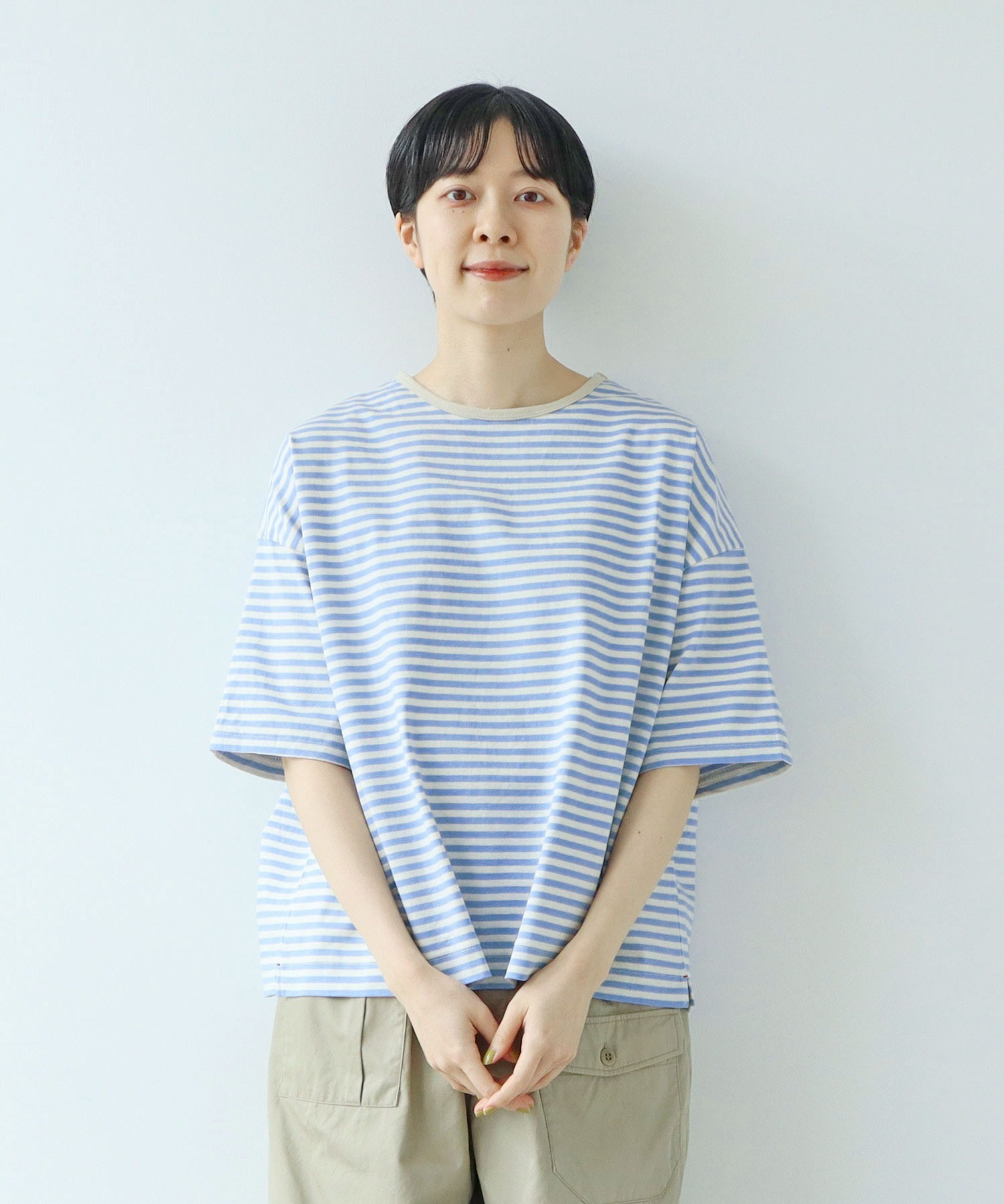 AMBIDEX Store △〇ボーダー配色バインダー 5分袖BIG Tシャツ(F クロ