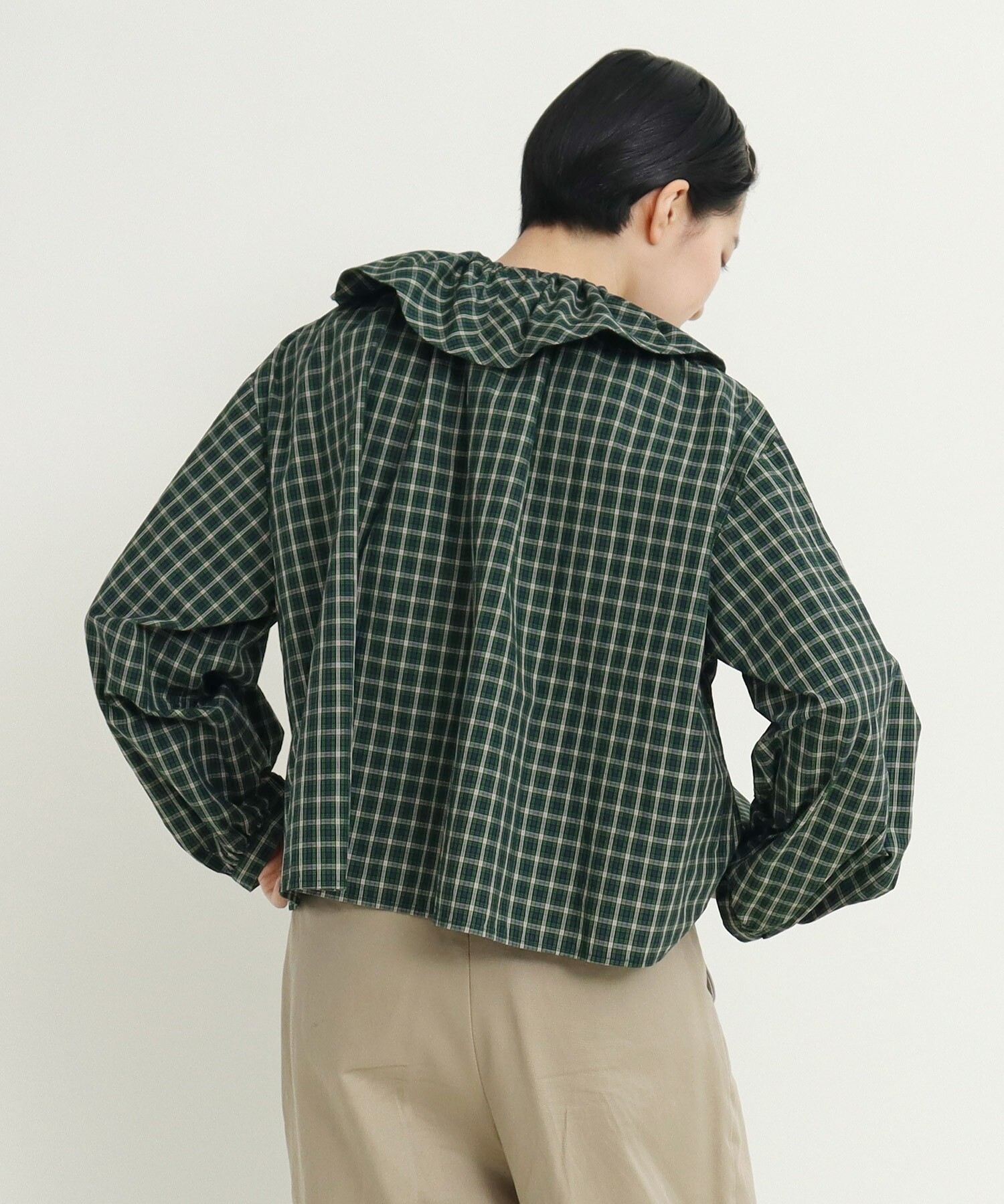 PEPLUM ヨシキヒシヌマ プリーツ シワ加工 変形ブラウス チェック柄 AMBIDEX Store ○60sミニチェック フリルブラウス(F グリーン