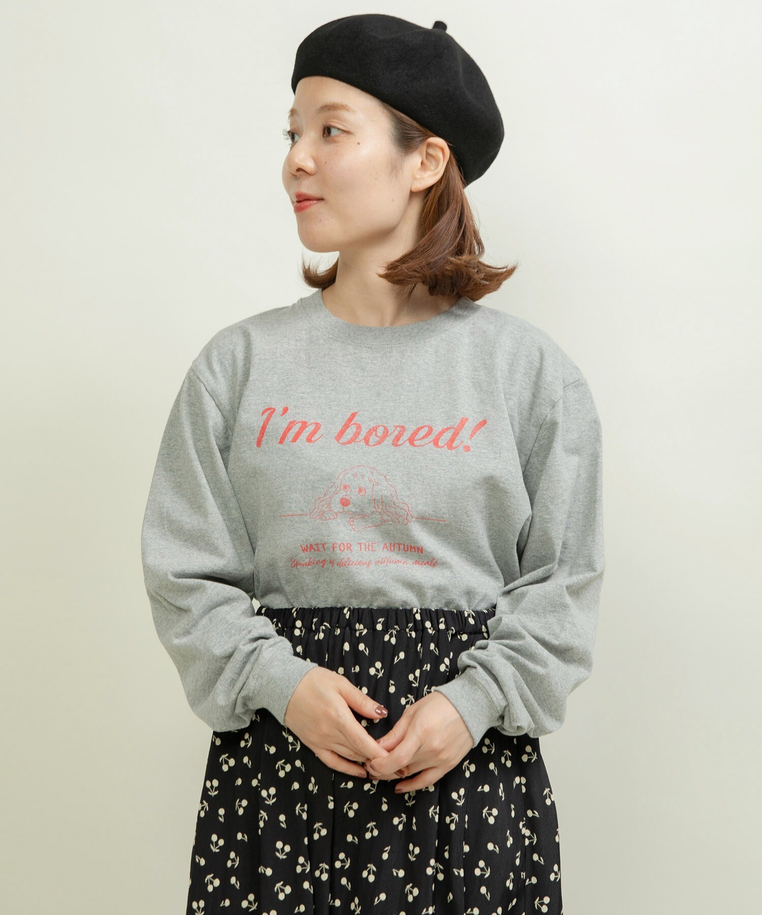 AMBIDEX Store ○16/-天竺 秋を待つ犬プリント ロンT(F グレー