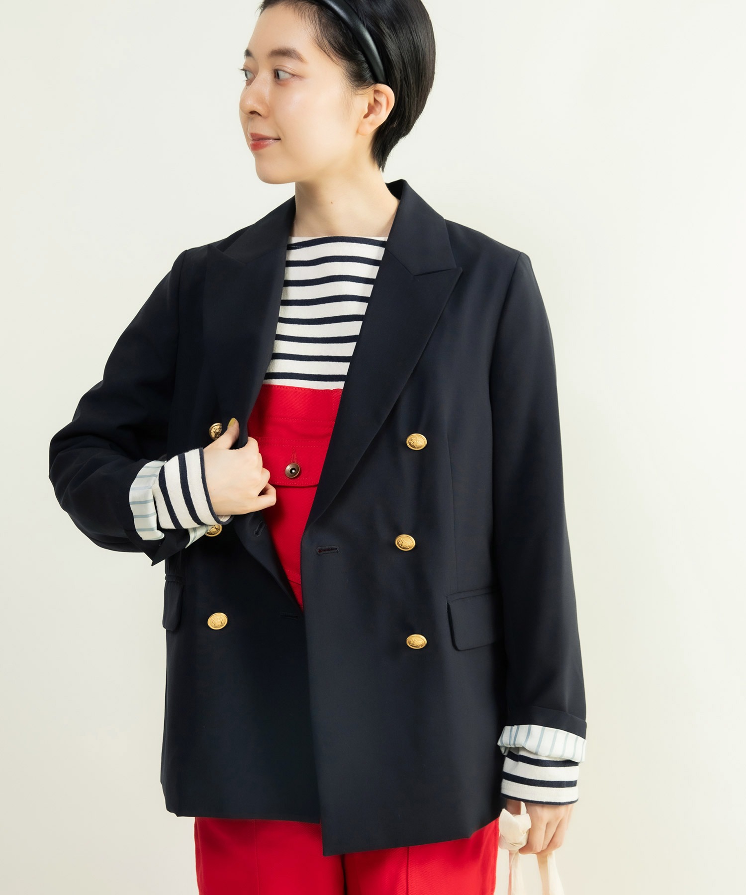 ストライプブレザー アイボリー/ネイビー トロ ダブル釦紺ブレザー