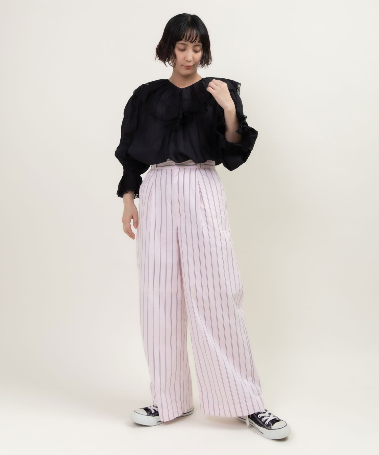 40/-オックスマルチストライプ センタープレスストレートパンツ