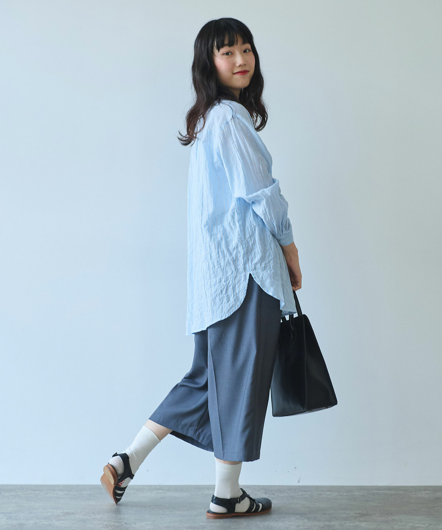 AMBIDEX Store 〇 shirring stripe バンドカラーシャツ(F