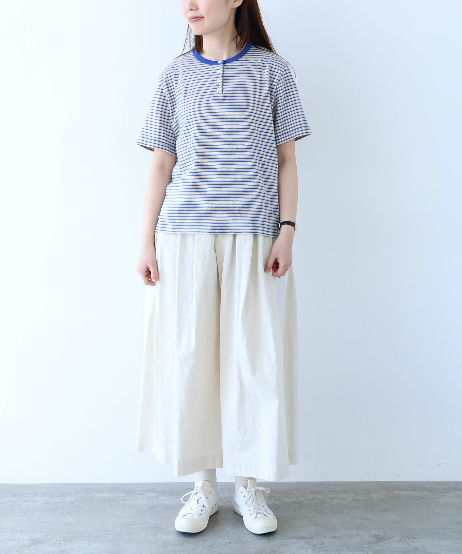 AMBIDEX Store ○ マルチボーダー ヘンリーネック Tシャツ(F アカ