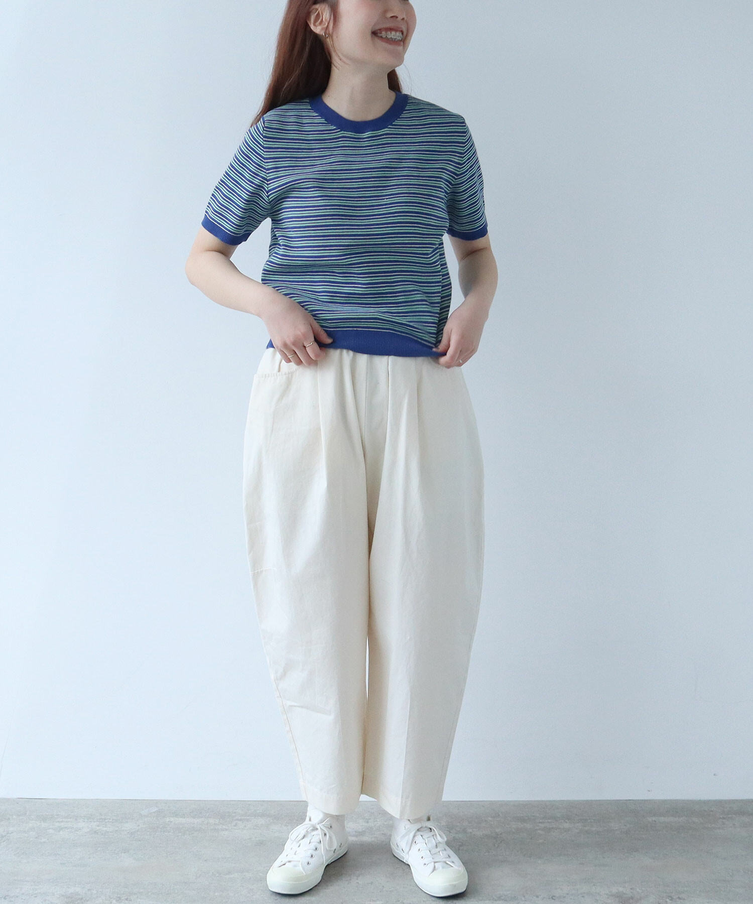 AMBIDEX Store ○〇 マルチボーダー ニットTシャツ(F アオ