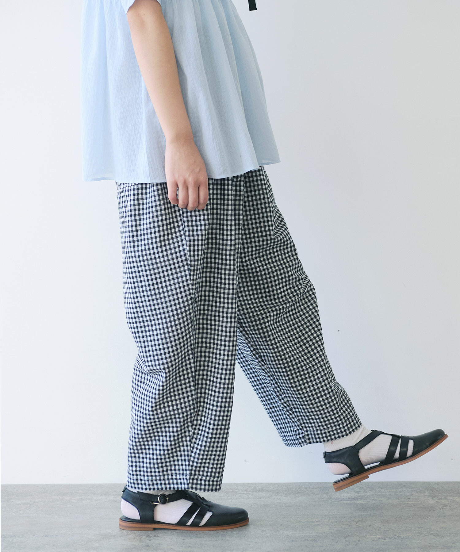 入荷now 買えない AMBIDEX Store △〇 ギンガム タックパンツ(F アオ): bulle de savon パンツ
