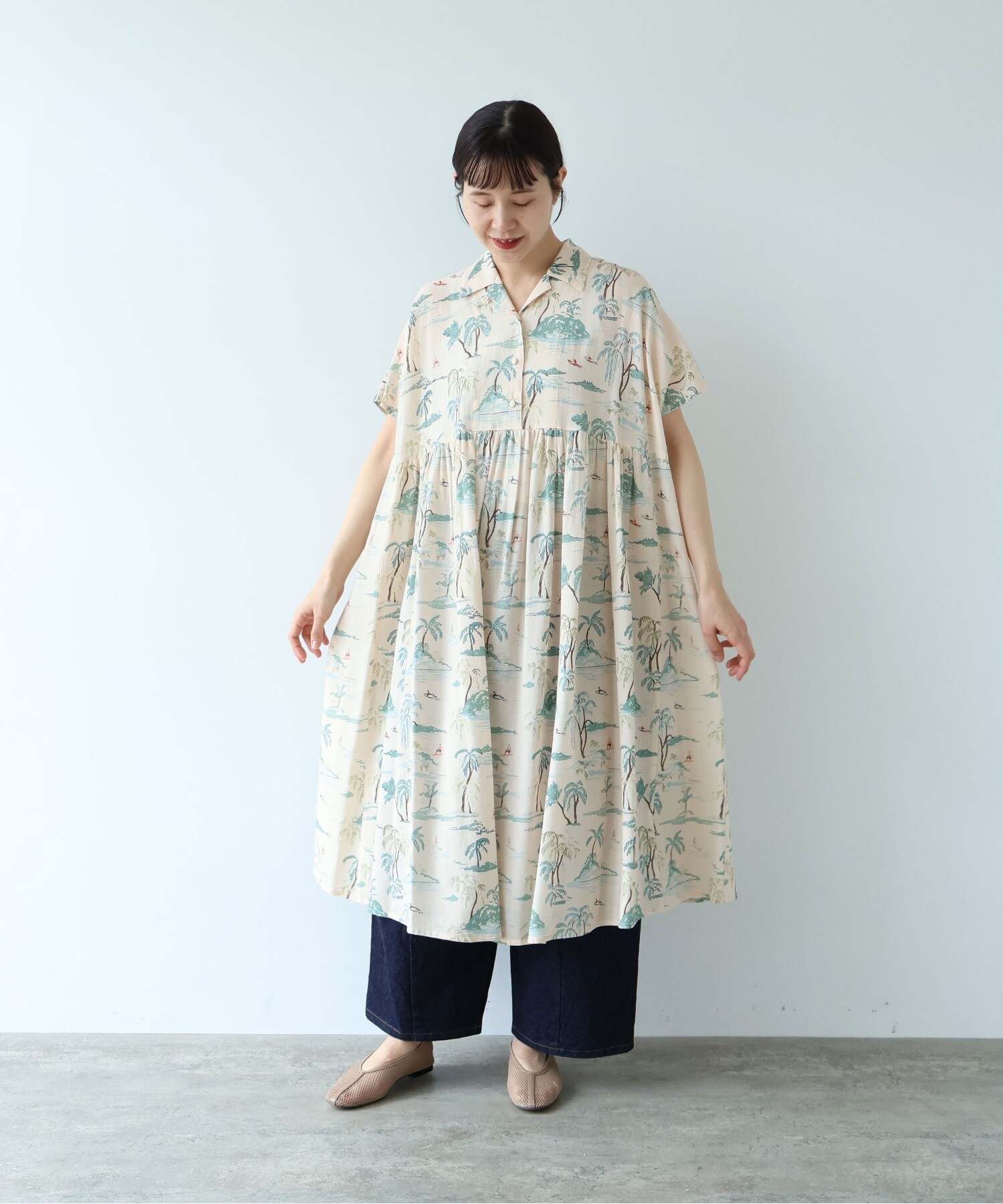 AMBIDEX Store Island print tiered open collar ワンピース(F ピンク
