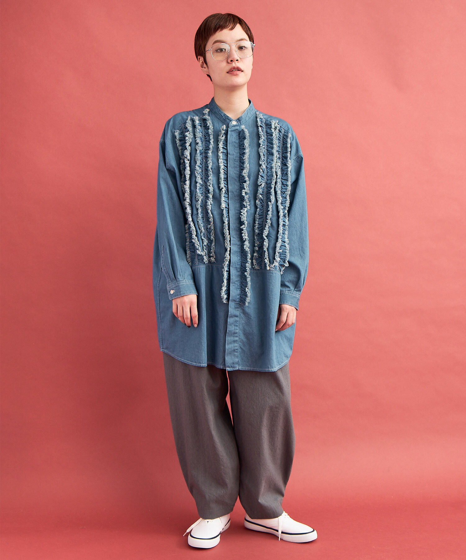 AMBIDEX Store ○5.5oz LIGHT DENIM FRILL シャツ(F LIGHT BLUE