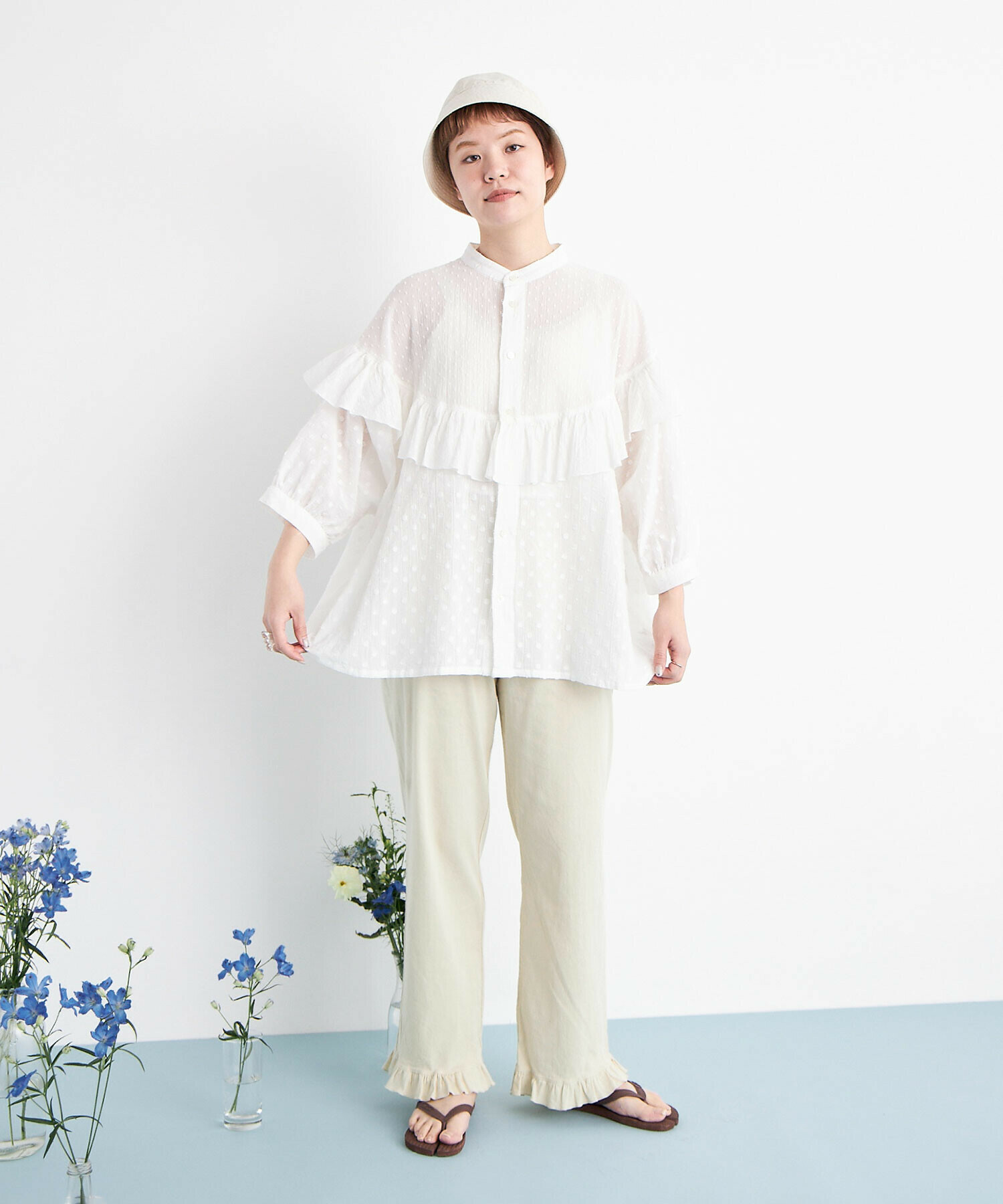 AMBIDEX Store DOT CUT DOBBY ROUND FRILL ブラウス(F LIGHT BLUE