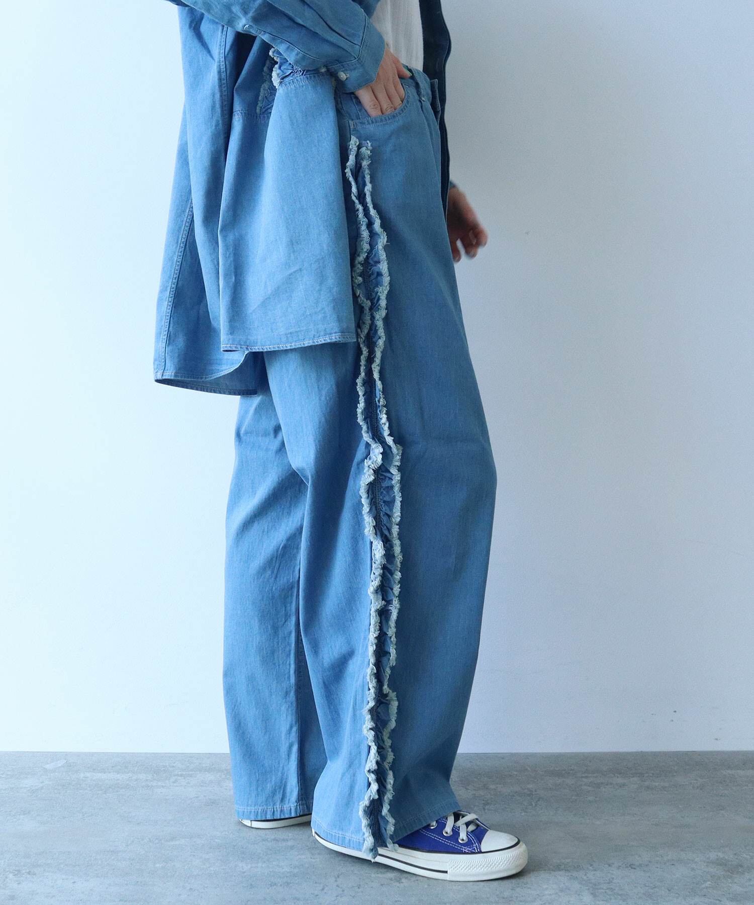 AMBIDEX Store 5.5oz LIGHT DENIM SIDE FRILL パンツ(F LIGHT BLUE